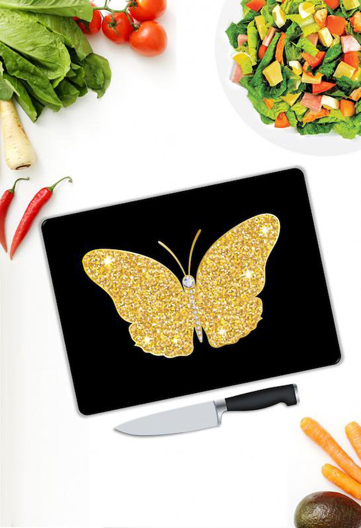 Kelebek Desen Cam Kesme Tablası | Hediyelik, Dekoratif, Ofis, Mutfak 