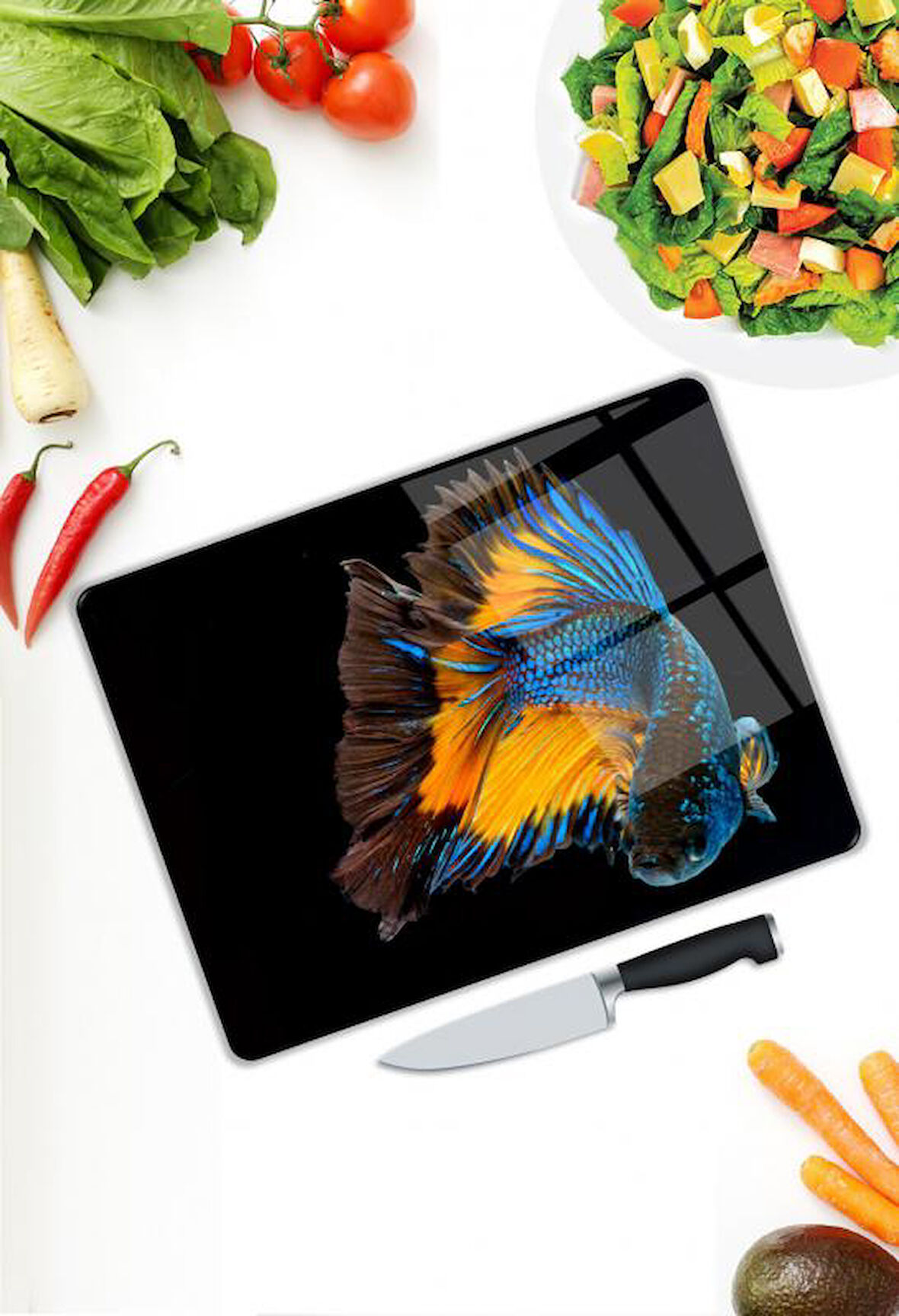 Balık Desen Cam Kesme Tablası | Hediyelik, Dekoratif, Ofis, Mutfak 