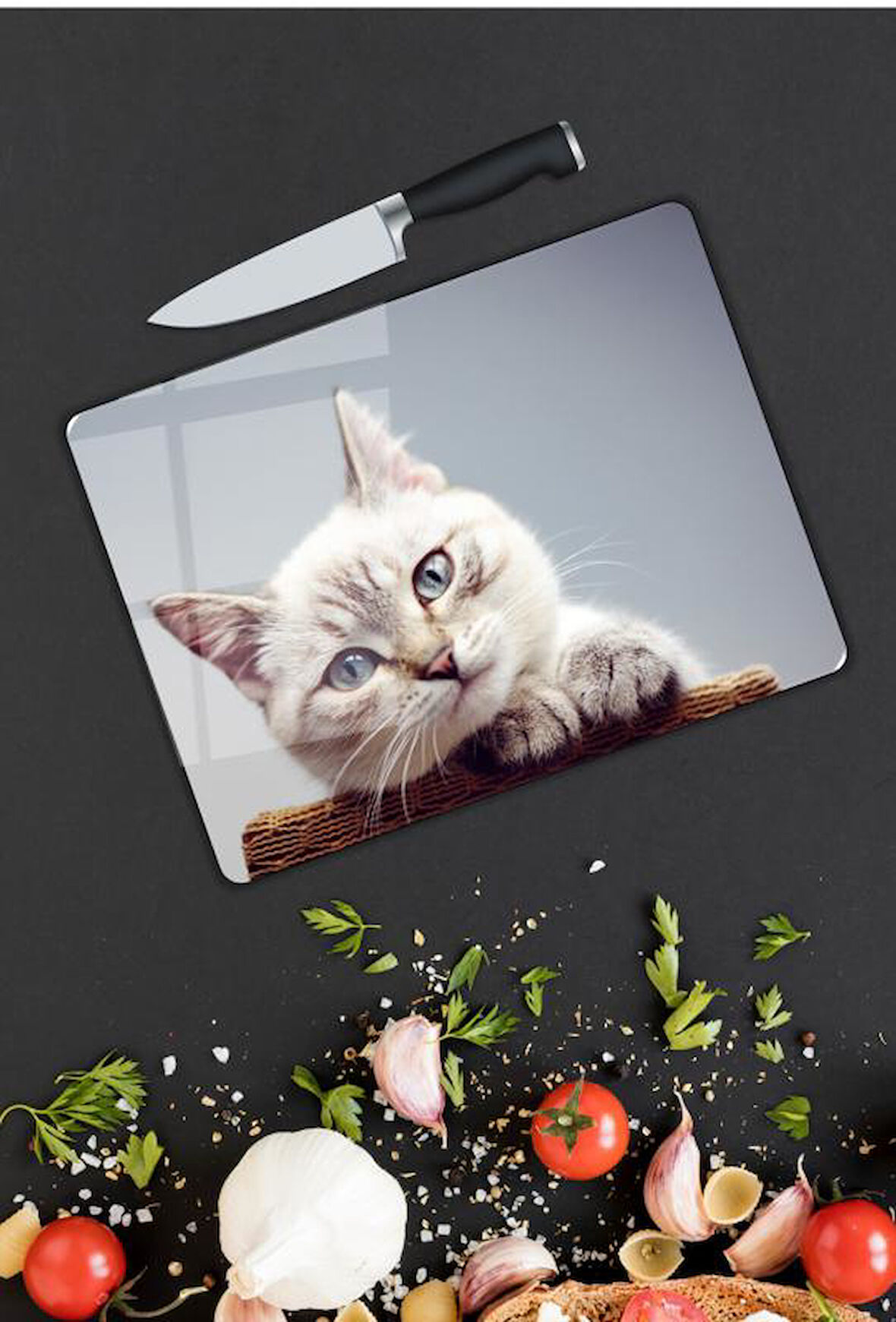 Kedi Desen Cam Kesme Tablası | Hediyelik, Dekoratif, Ofis, Mutfak 