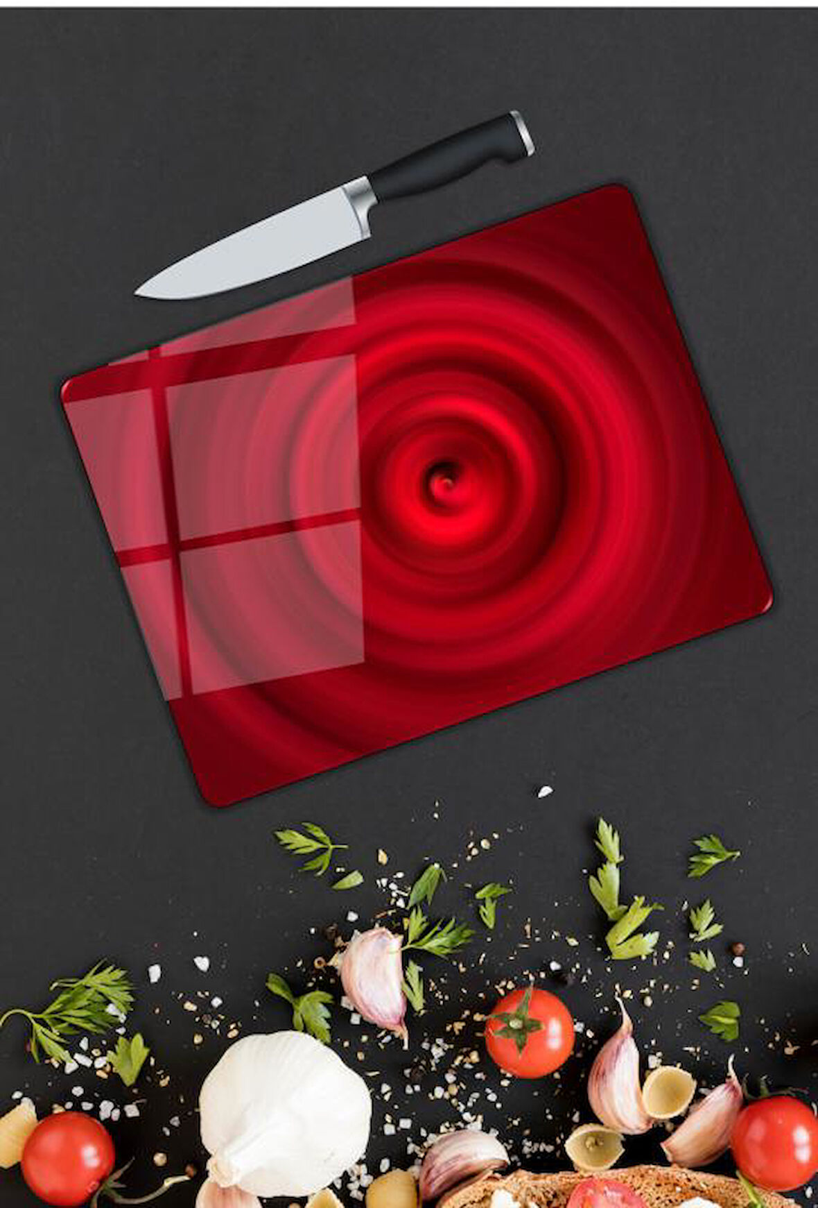 Kırmızı Girdap Desen Cam Kesme Tablası | Hediyelik, Dekoratif, Ofis, Mutfak 