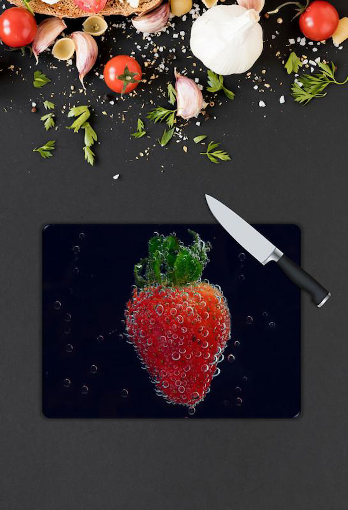 Çilek Desen Cam Kesme Tablası | Hediyelik, Dekoratif, Ofis, Mutfak 