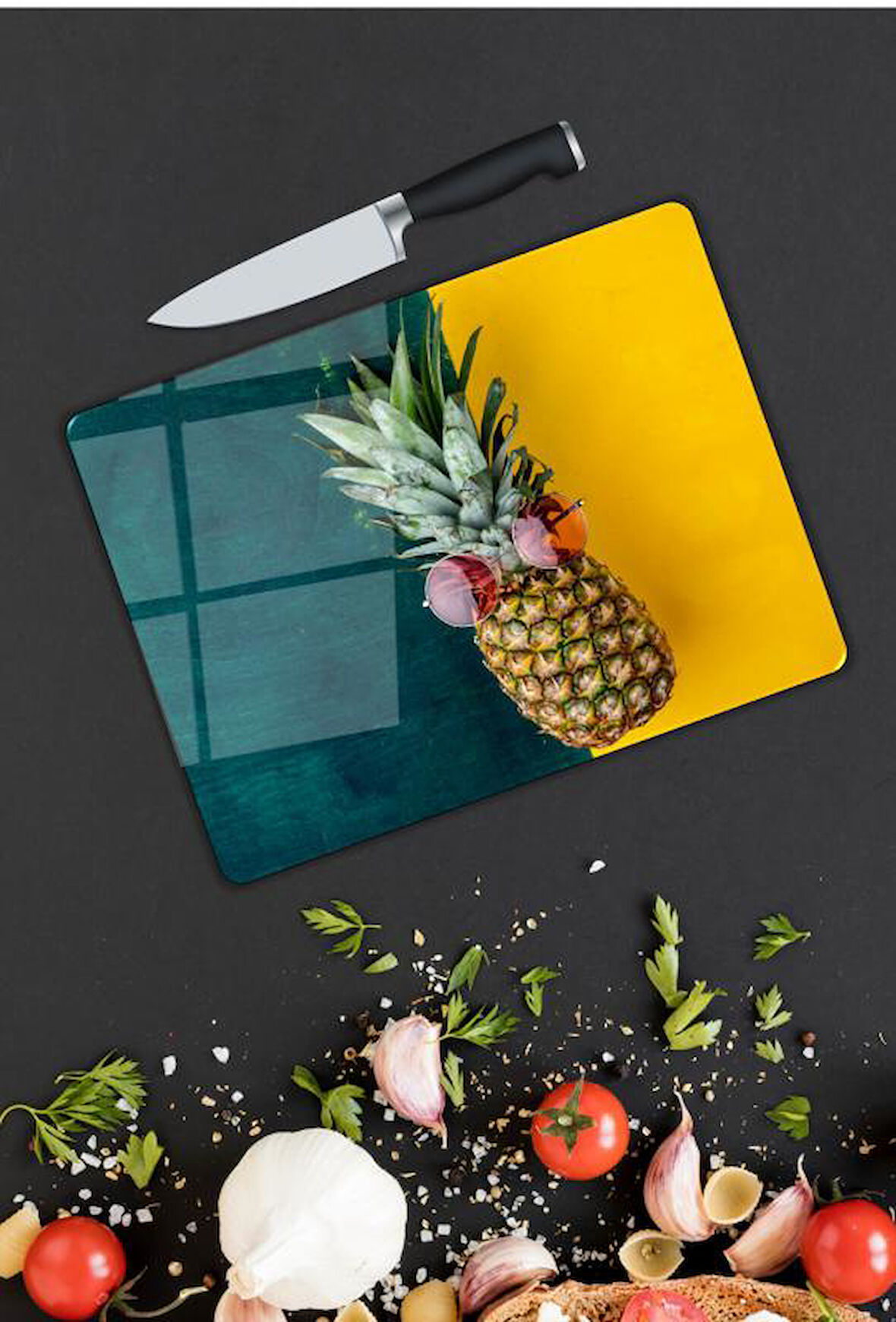 Ananas Desen Cam Kesme Tablası | Hediyelik, Dekoratif, Ofis, Mutfak 
