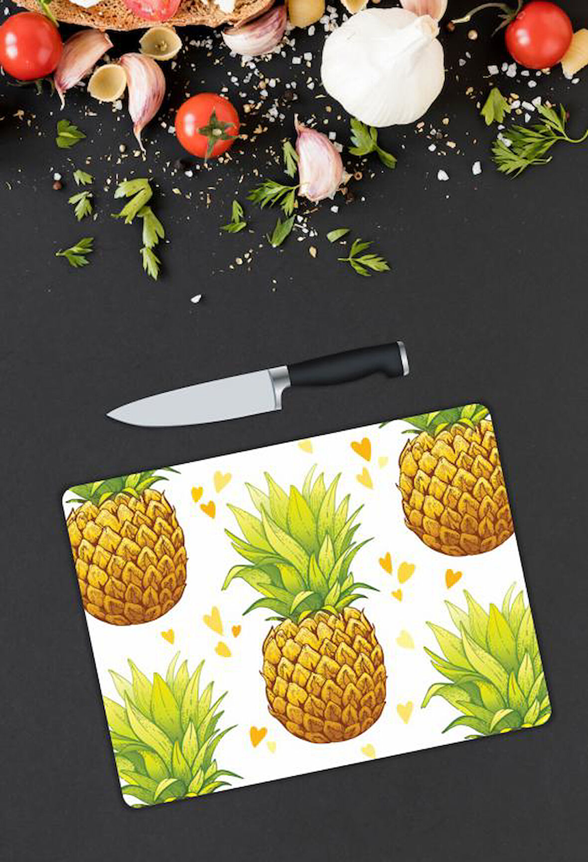 Ananas Desenli Cam Kesme Tablası | Hediyelik, Dekoratif, Ofis, Mutfak 