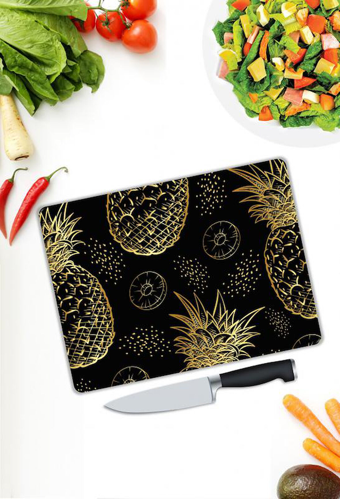 Altın Ananas Desenli Cam Kesme Tablası | Hediyelik, Dekoratif, Ofis, Mutfak 