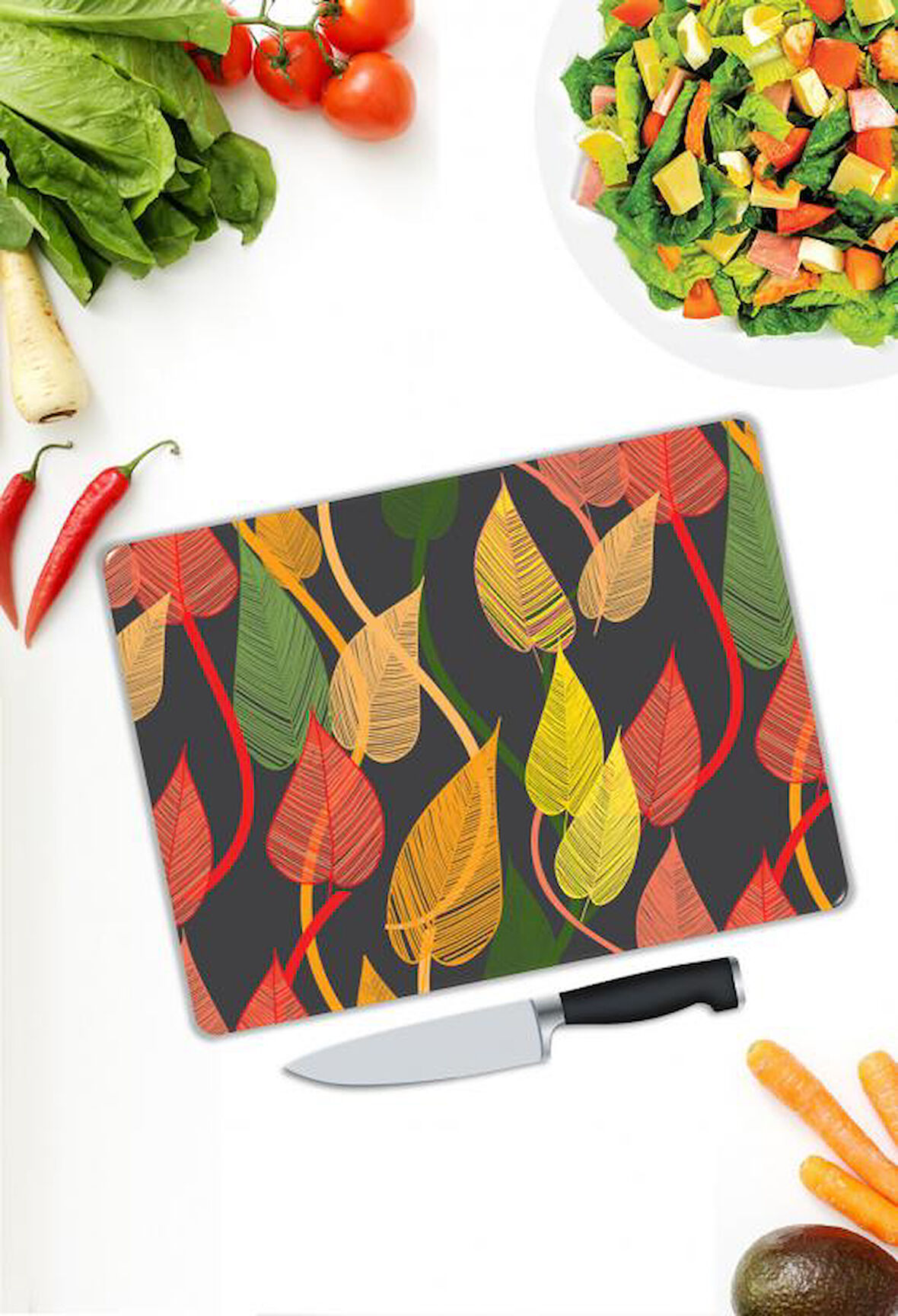 Yaprak Desen Cam Kesme Tablası | Hediyelik, Dekoratif, Ofis, Mutfak 