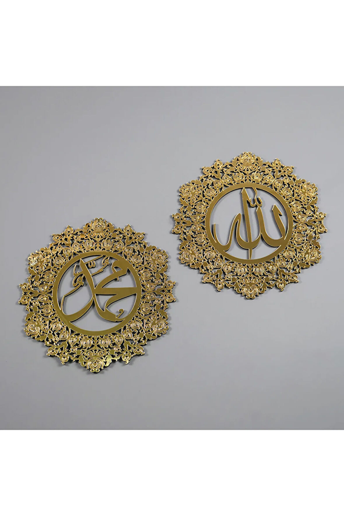 2'li Gül Süslemeli Allah (c.c.) Lafzı Ve Muhammed (s.a.v) Ahşap İslami Dekor