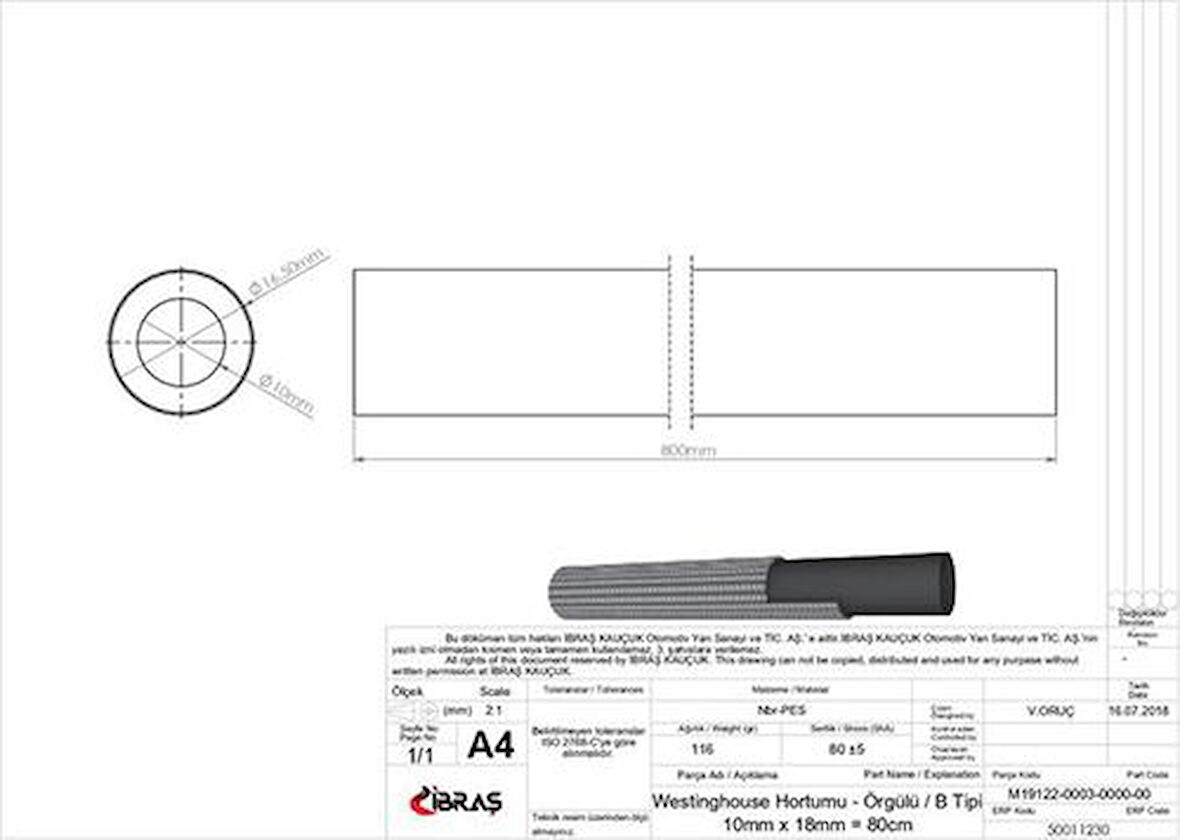 Ibras 11230 Westınghouse Hortumu Orgulu R9 (10×18Mm=80Cm)