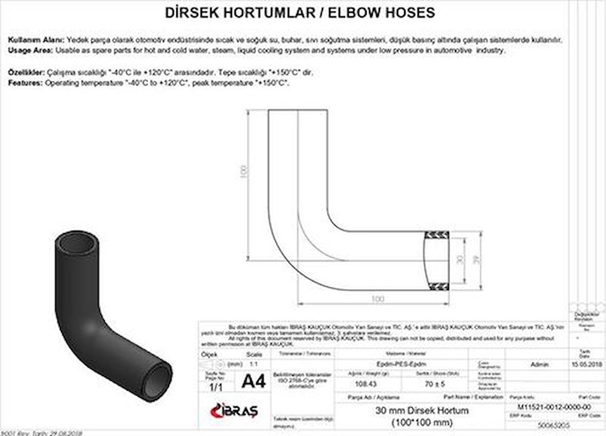 Ibras 65205 30Mm 39Mm 10Cm 10Cm Dırsek Hortumu Sıcak Ve Soguk Su Kullanımı Icın
