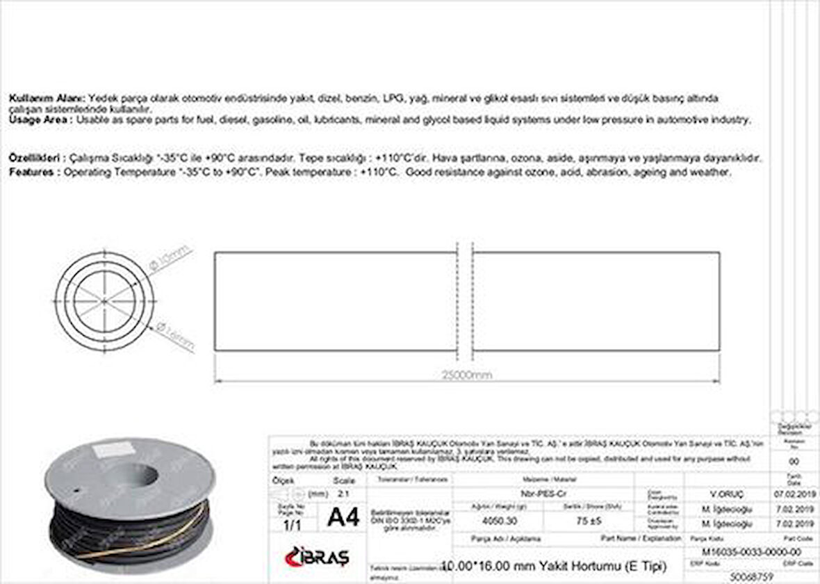 Ibras 68759 Icten Orgulu Yakıt Hortumu 65656 10.0 Mm 16.0 Mm Nbr Cr E Tipi Makaralı (25M)