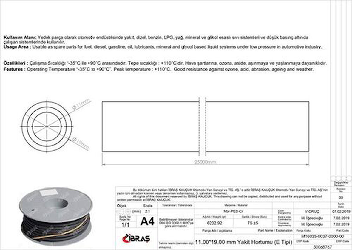 Ibras 68767 Icten Orgulu Yakıt Hortumu 65657 11.0 Mm 19.0 Mm Nbr Cr E Tipi Makaralı (25M)