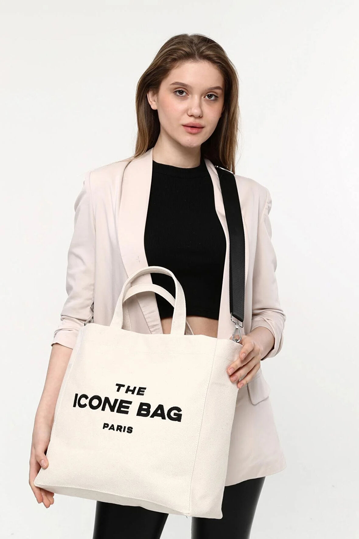 İCONE BAG Bej The Icone Bag Paris İşlemeli Tote Kadın Kol Çantası ve Omuz Çantası