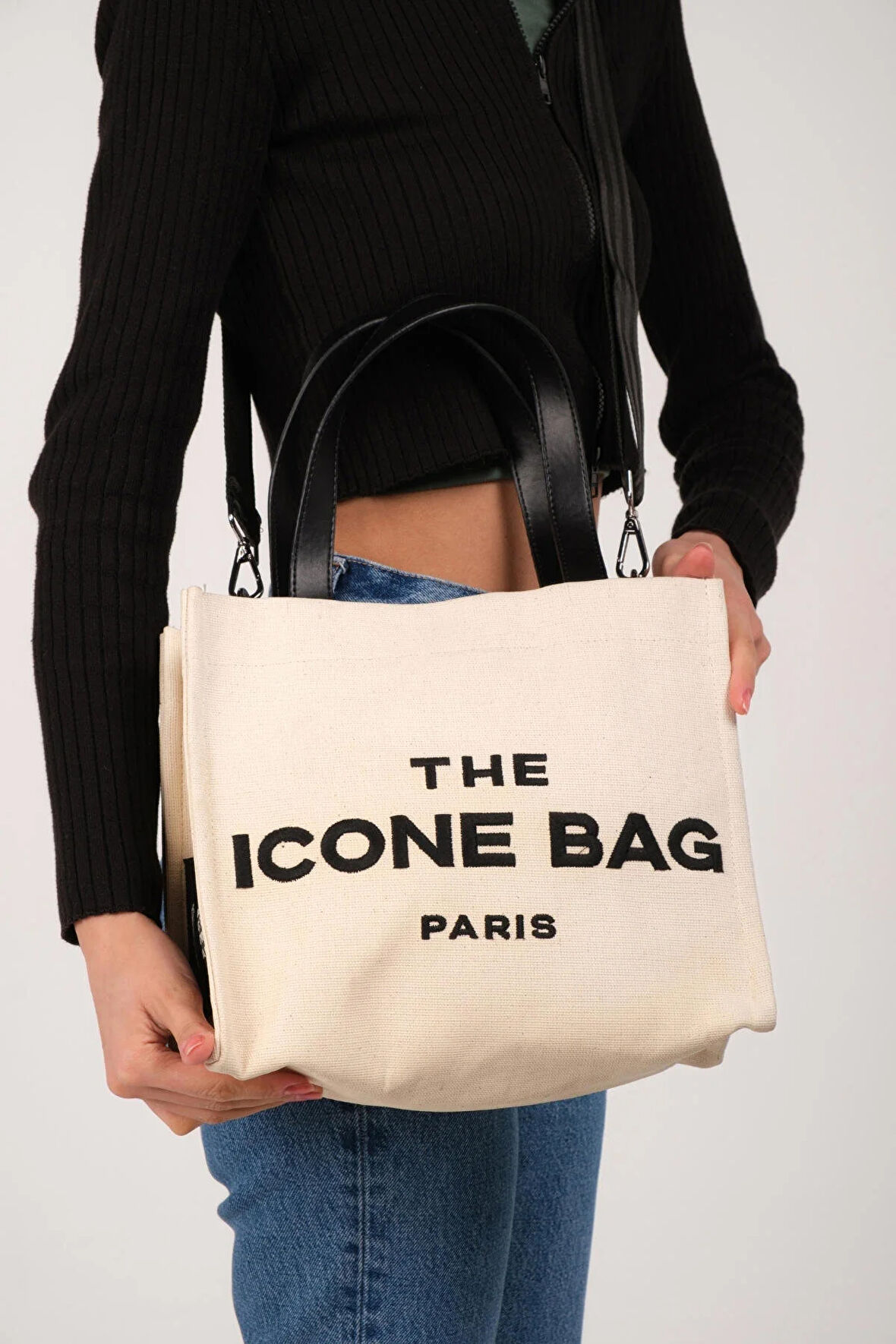 İCONE BAG Icone Krem The Icone Bag Paris İşlemeli Tote Kadın Kol Çantası ve Omuz Çantası Orta Boy