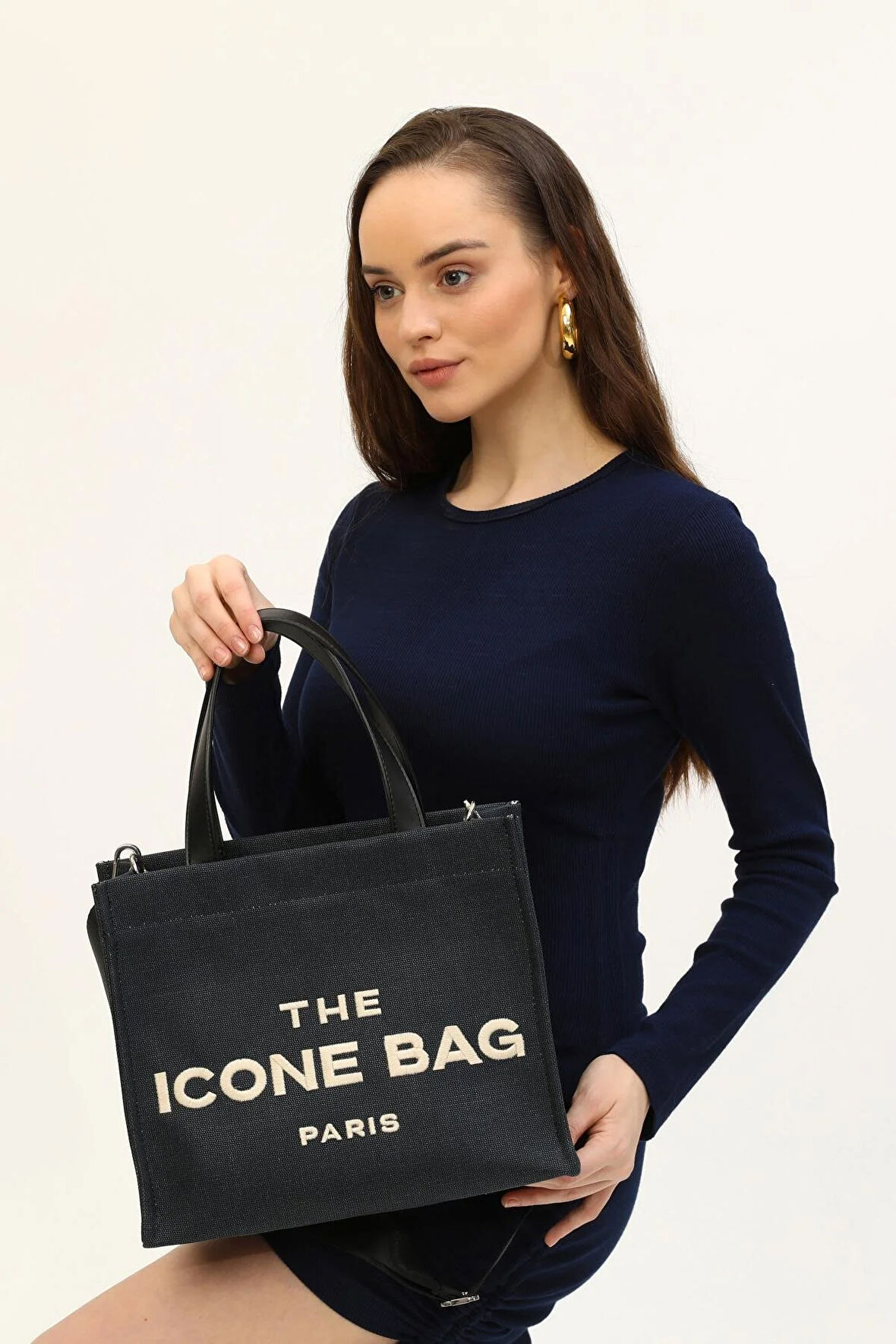 İCONE BAG Icone Lacivert The Icone Bag Paris İşlemeli Tote Kadın Kol Çantası ve Omuz Çantası Orta Boy