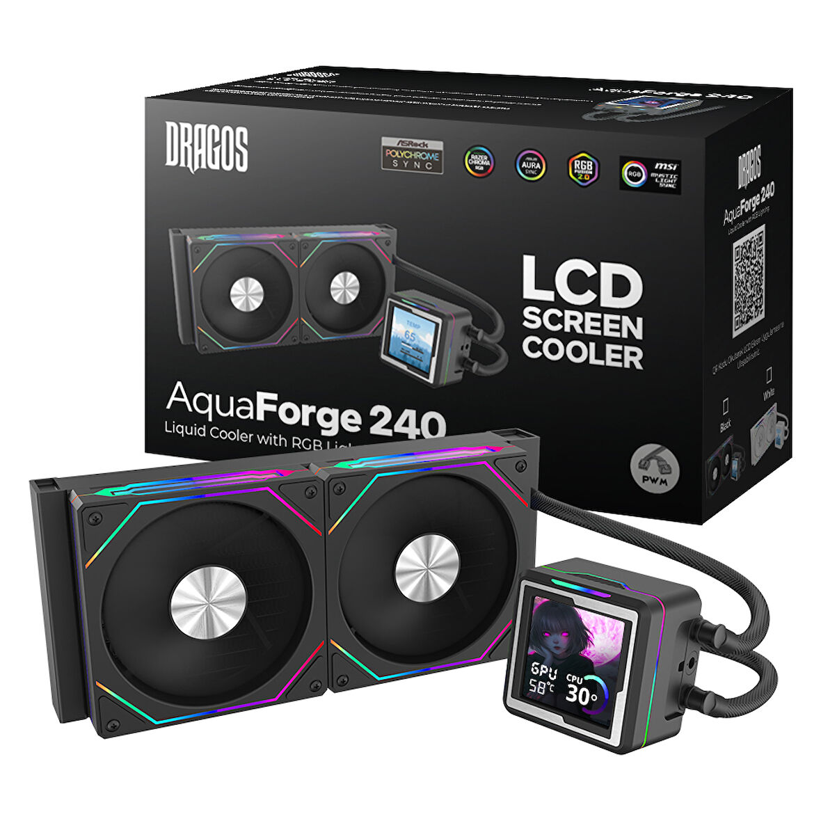 Dragos AquaForge 240 Intel-AMD 240MM LCD Ekranlı ARGB Siyah Sıvı Soğutucu