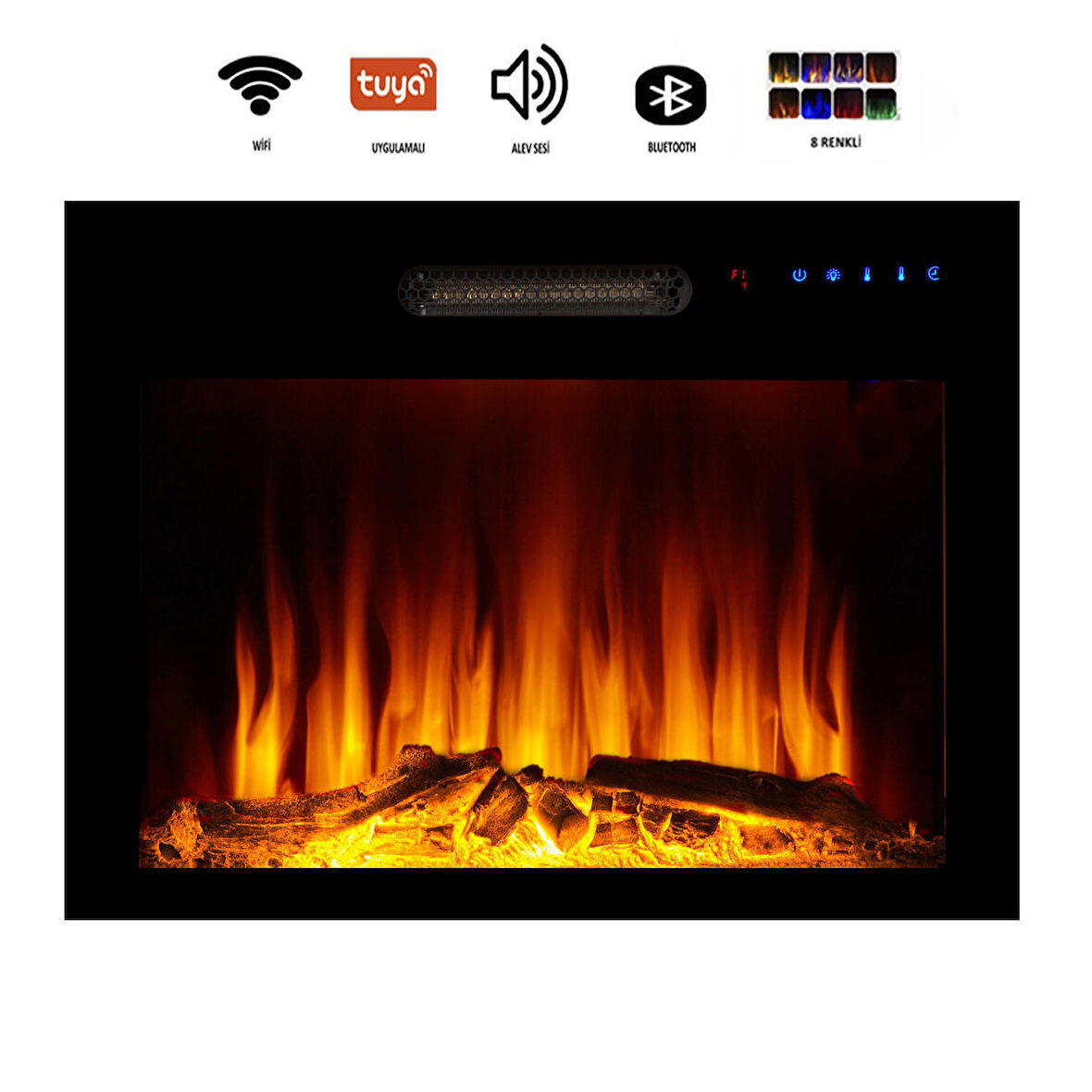 Dekoratif 70 Cm 8 Renkli, Alev Sesli, Bluetoothlu, Wifili Elektrikli Şömine Isıtıcı