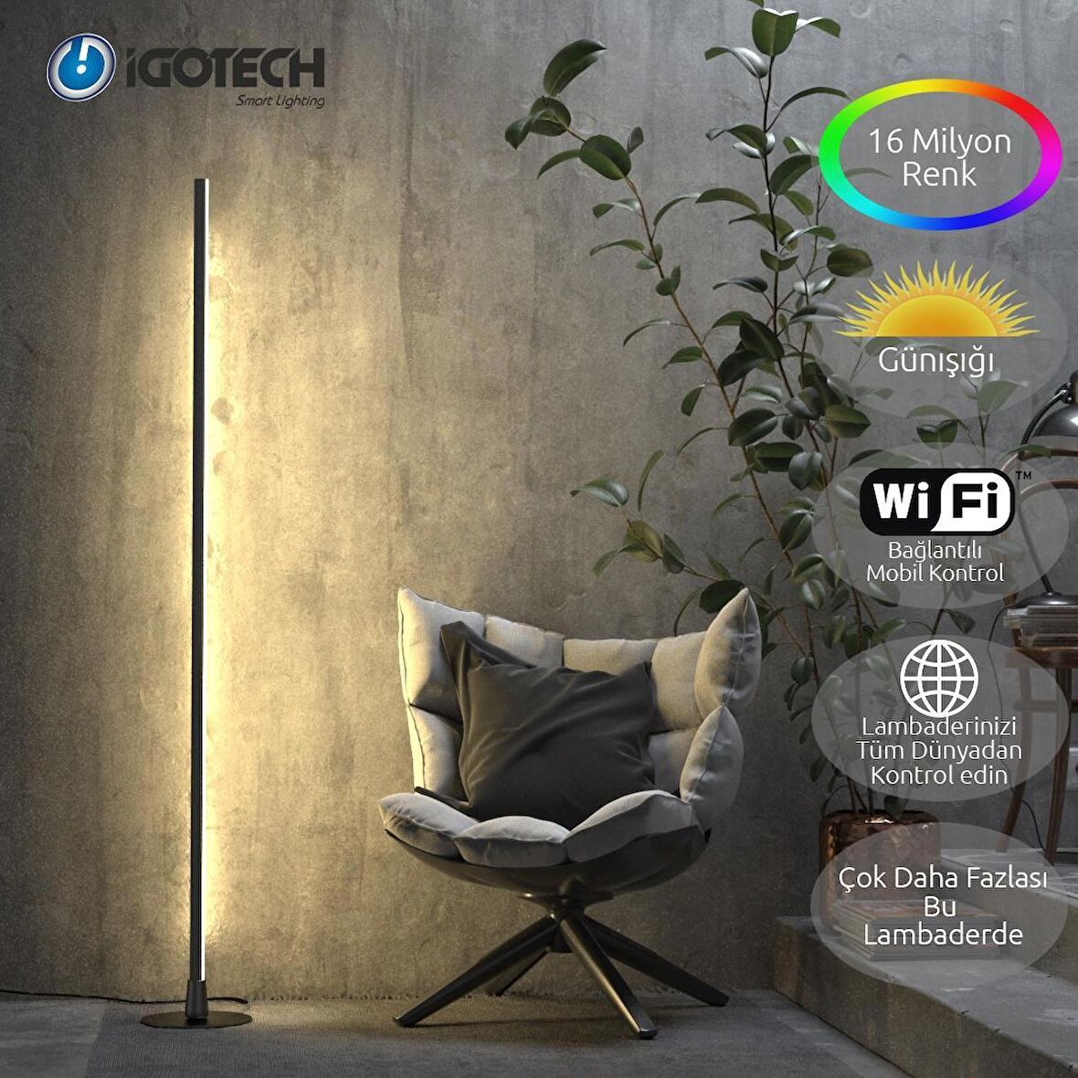 İgotech Gün Işığı ve Rgb Wifi Bluetooth Akıllı Led Lambader, Mobil Kontrollü Aydınlatma-Siyah -150cm