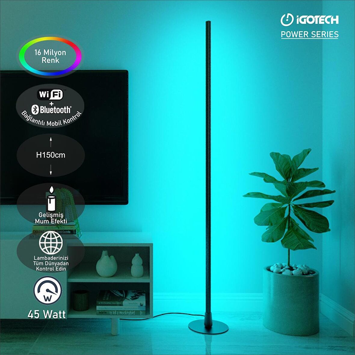 İgotech Power Series Rgb 45W Wifi Bluetooth Akıllı Led Lambader, Mobil Kontrollü Aydınlatma -Siyah -150cm