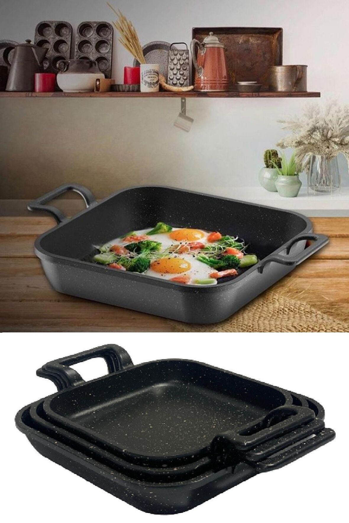 Eda 3 lü granit kare döküm sahan tava seti takımı - 18-20-22 cm