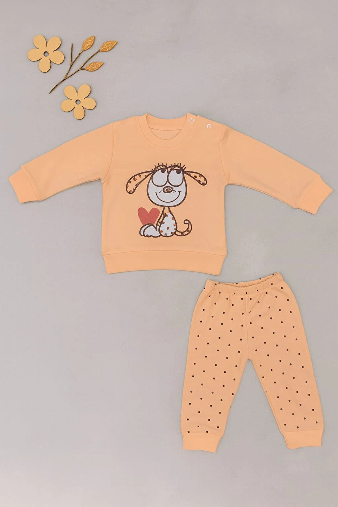 Bebek 2’li Takım – Sevimli Köpek Baskılı Sweatshirt ve Noktalı Pantolon