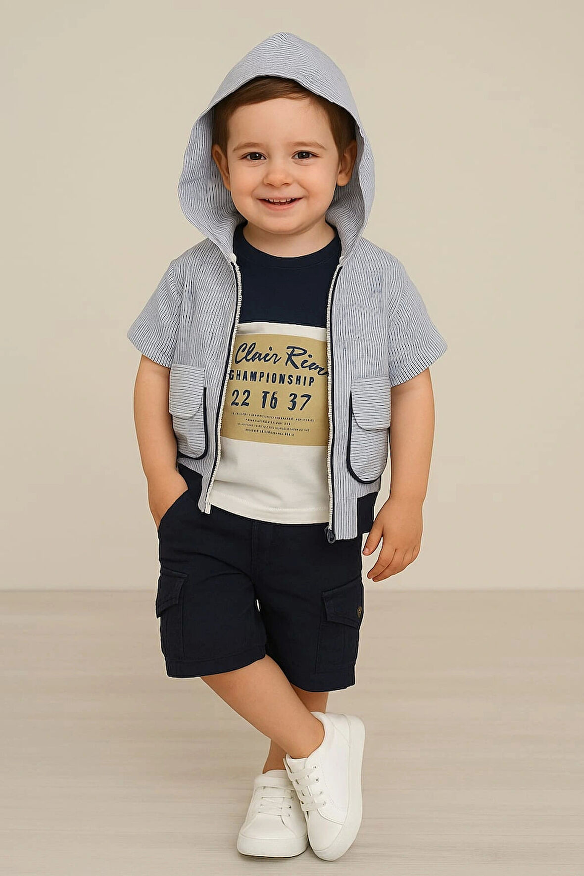 Fermuarlı Kapşonlu Gömlek Kapri 3'lü Takım