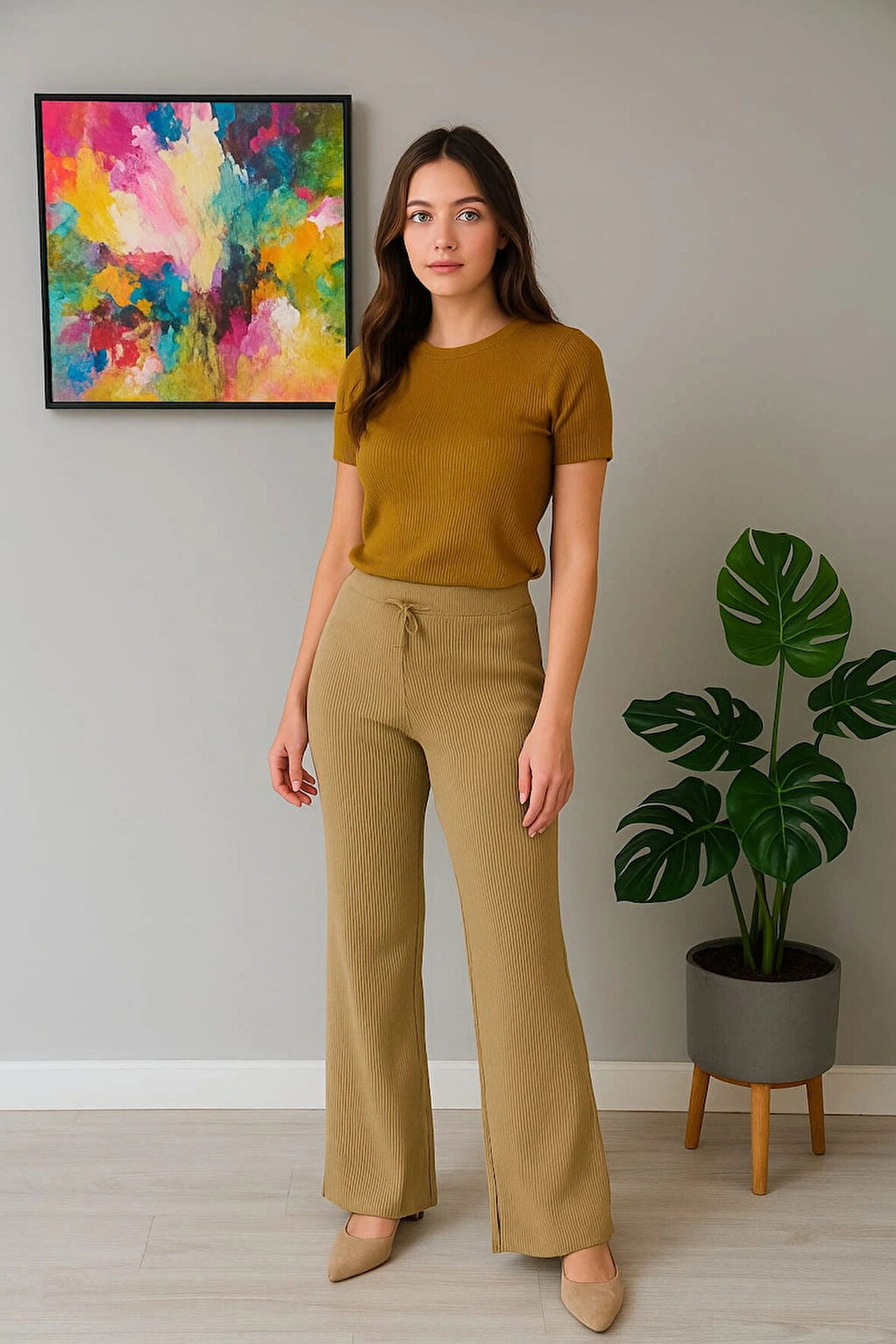 Kadın Yüksek Bel Triko Pantolon