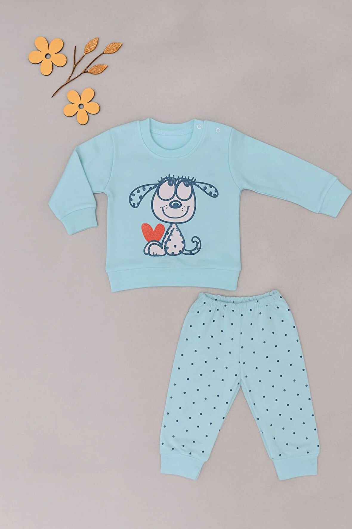 Bebek 2’li Takım – Sevimli Köpek Baskılı Sweatshirt ve Noktalı Pantolon