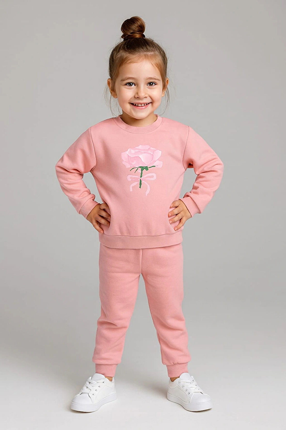 Kız Çocuk %100 Pamuk Gül Baskılı Eşofman Takımı