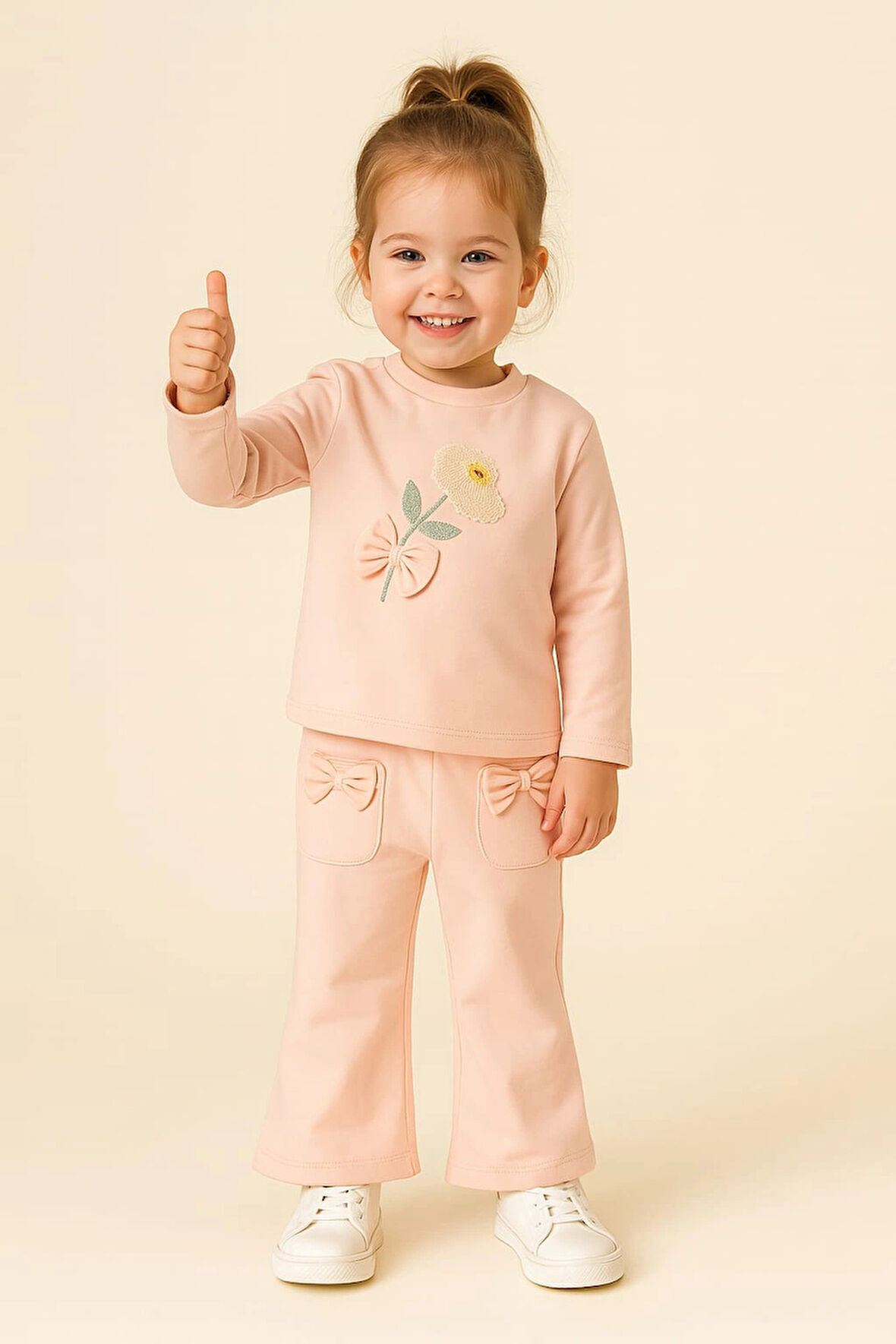 Bebek Kız 2’li Takım %100 Pamuk Çiçek ve Fiyonk Detaylı Sweatshirt ve Pantolon