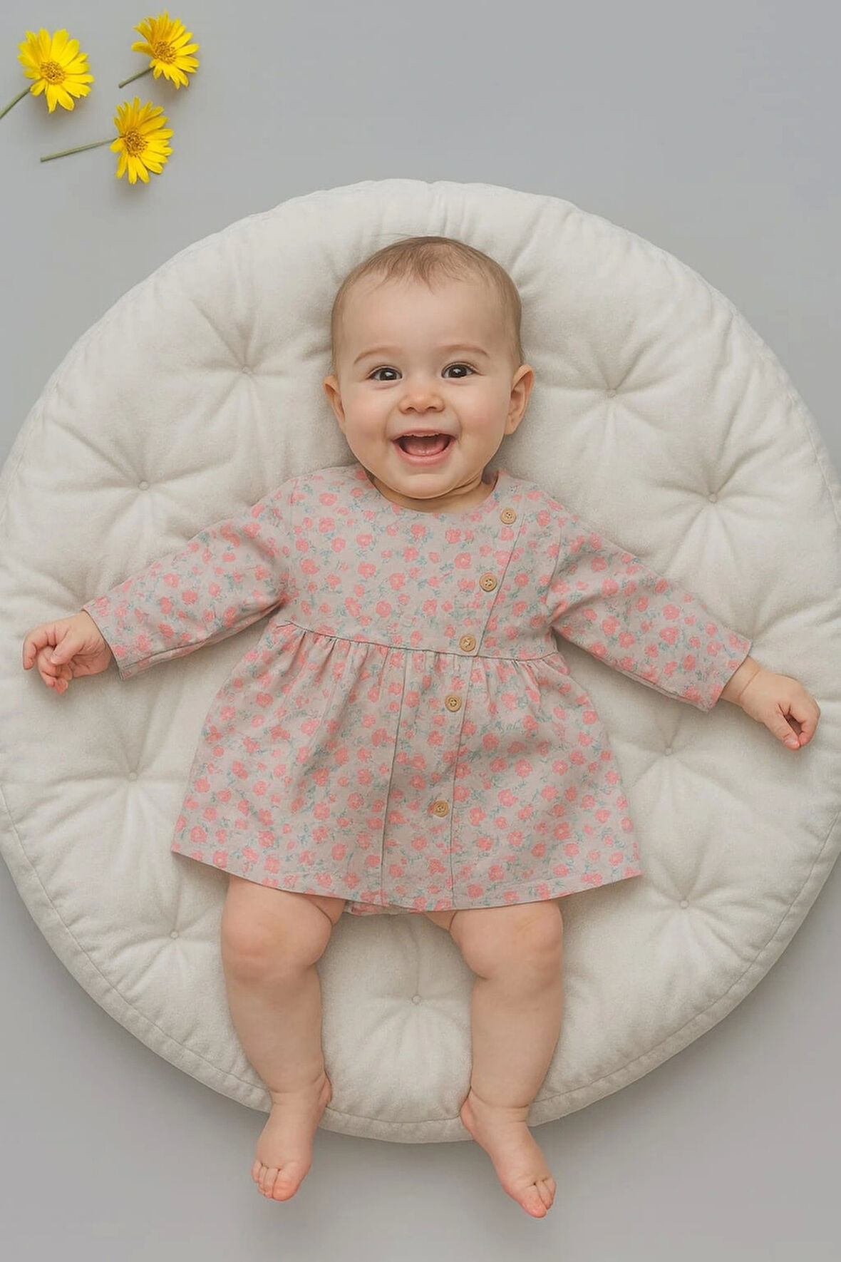 Çiçek Desenli Düğmeli Kız Bebek Elbise