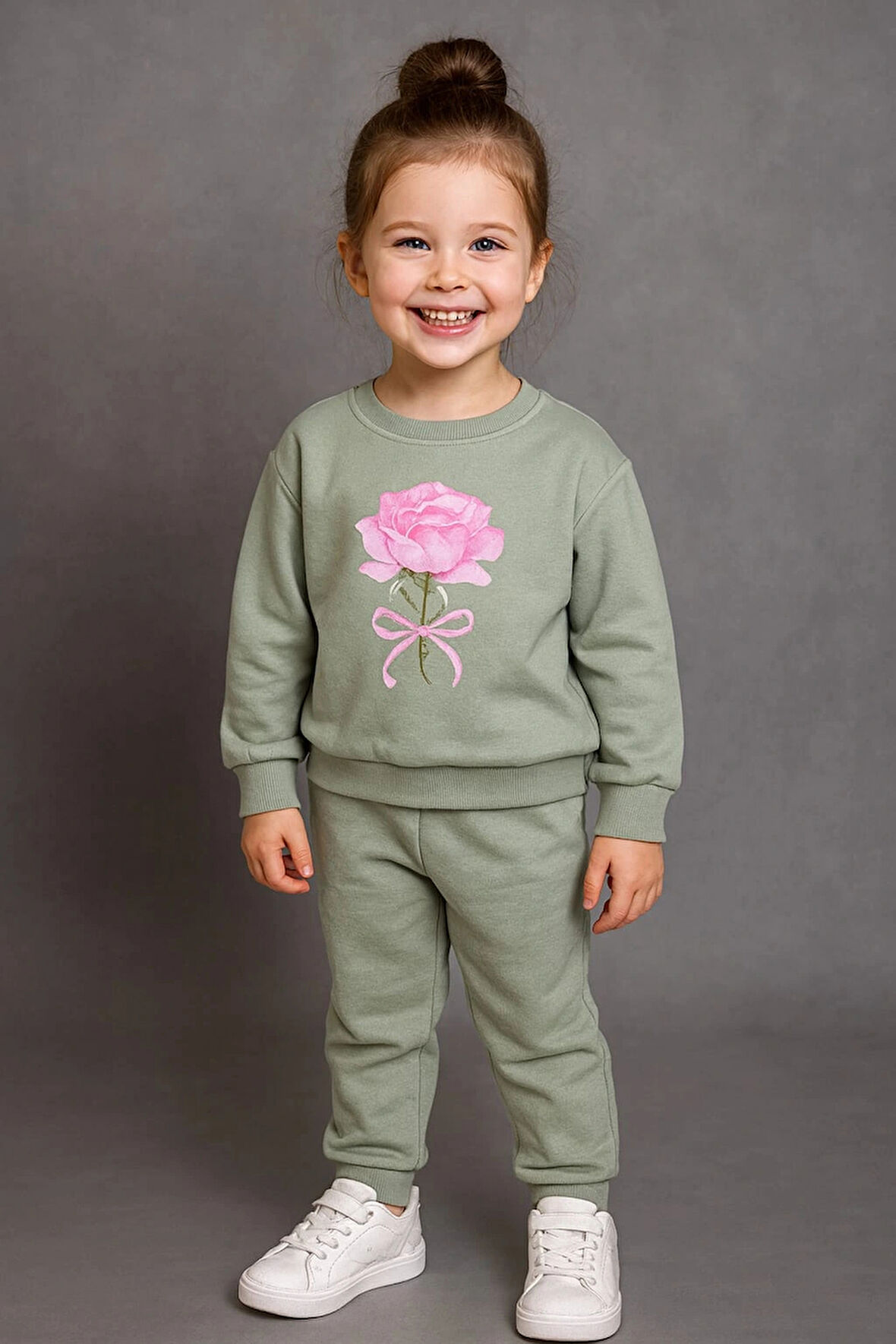 Kız Çocuk %100 Pamuk Gül Baskılı Eşofman Takımı