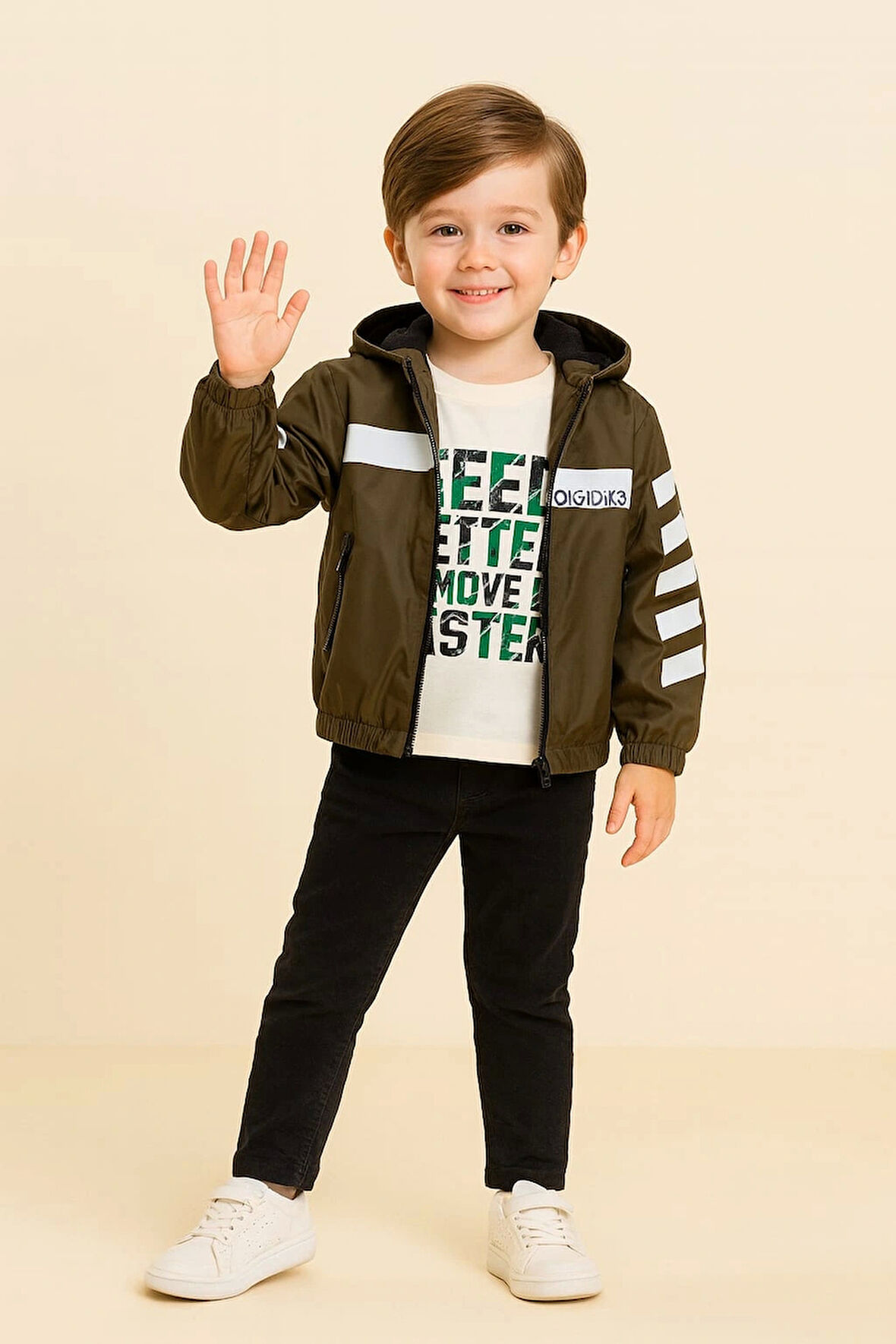 Çocuk Kapüşonlu Fermuarlı Günlük Yağmurluk 3'lü Takım