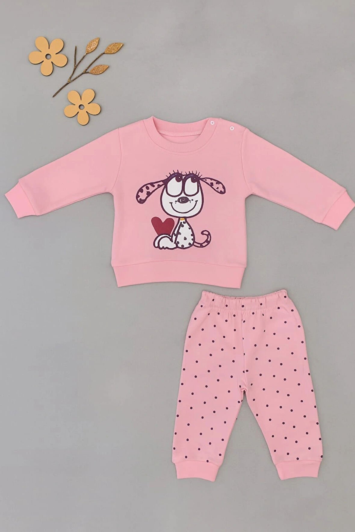 Bebek 2’li Takım – Sevimli Köpek Baskılı Sweatshirt ve Noktalı Pantolon