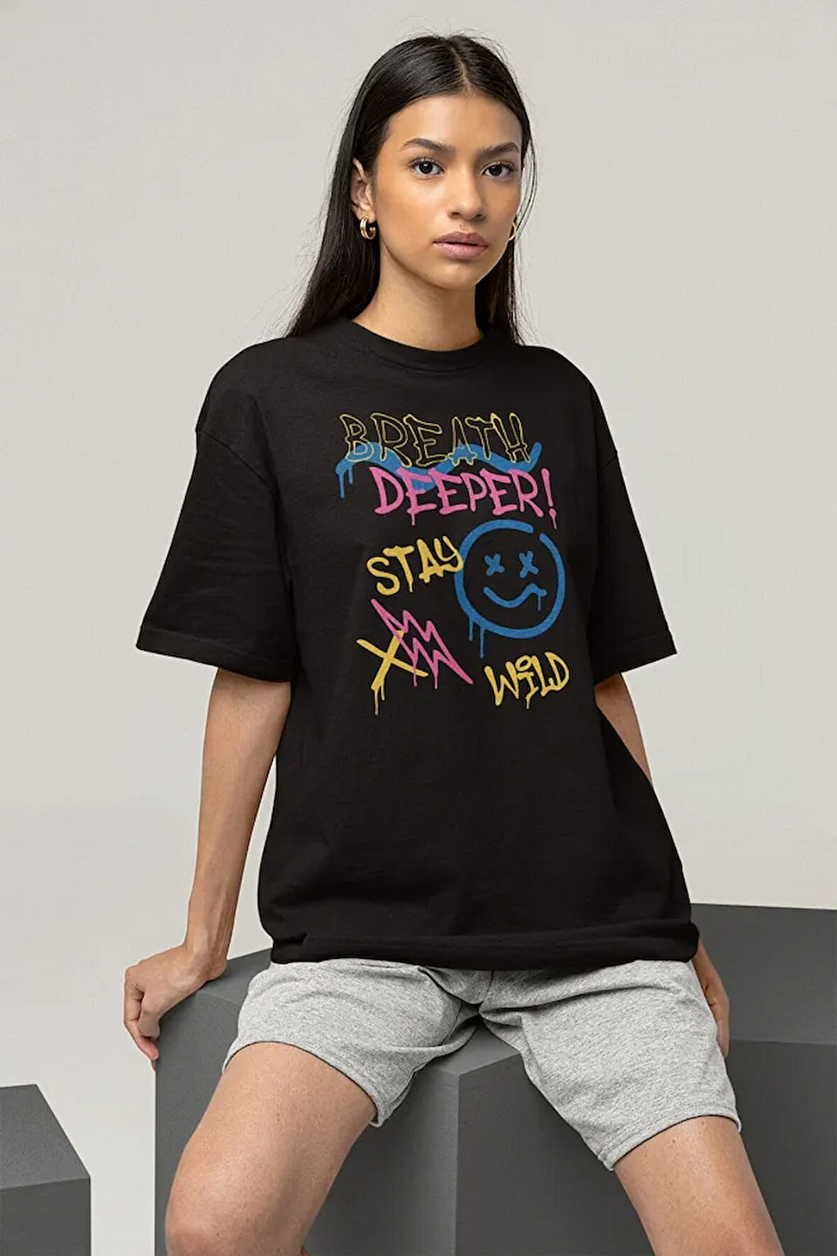 Breath Deeper ! Stay Wild Baskılı Unisex Oversize Tişört