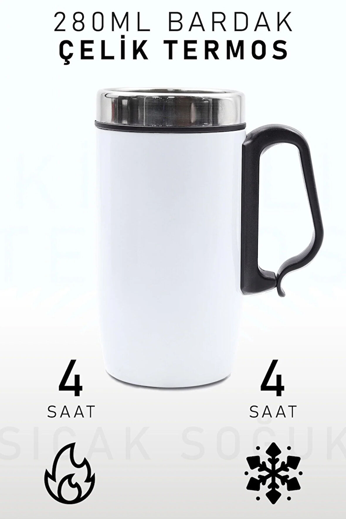 280 Ml Özel Kulplu Beyaz Bardak Çelik Termos