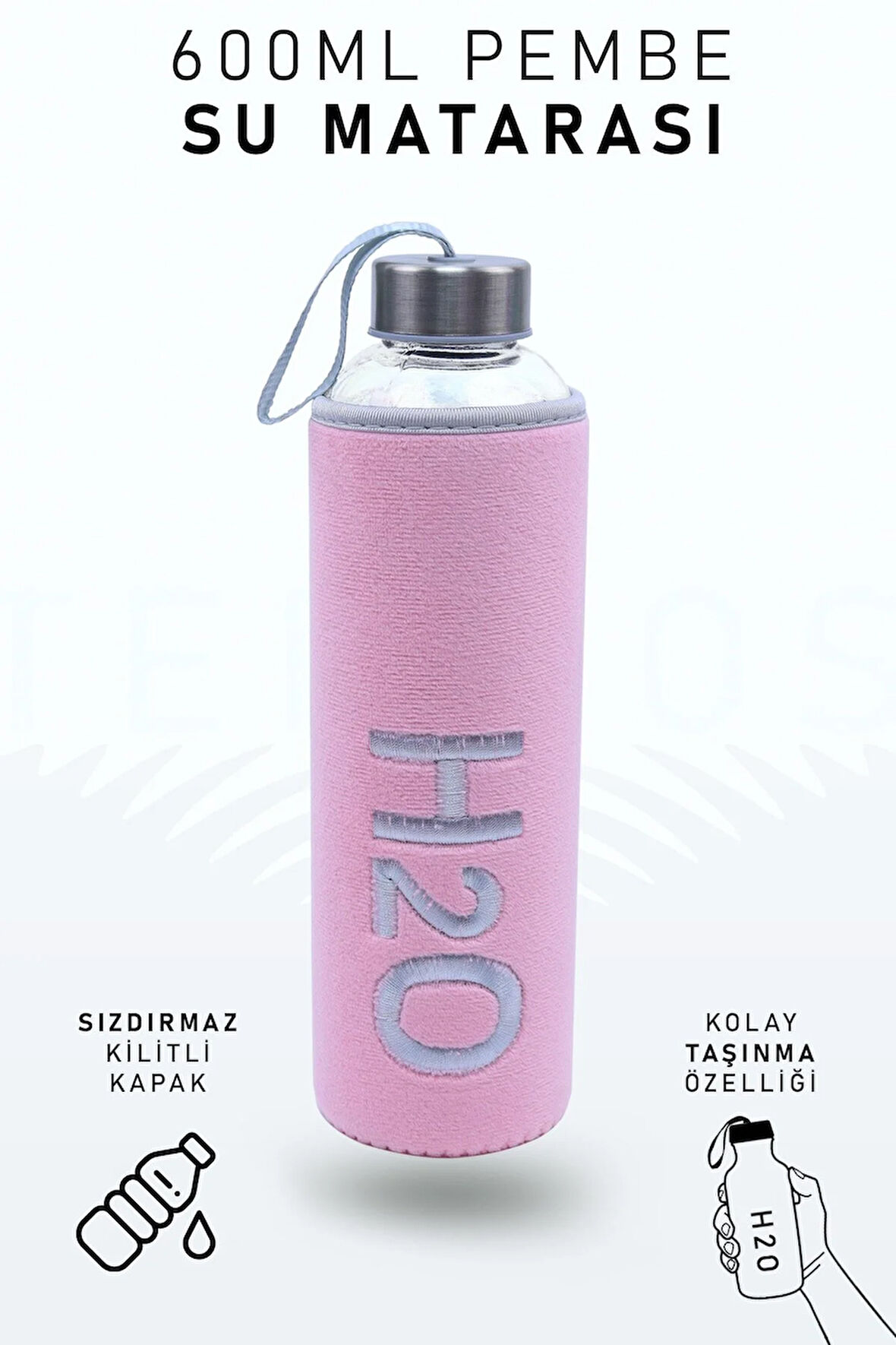 600 Ml Pembe Kılıflı Cam Matara