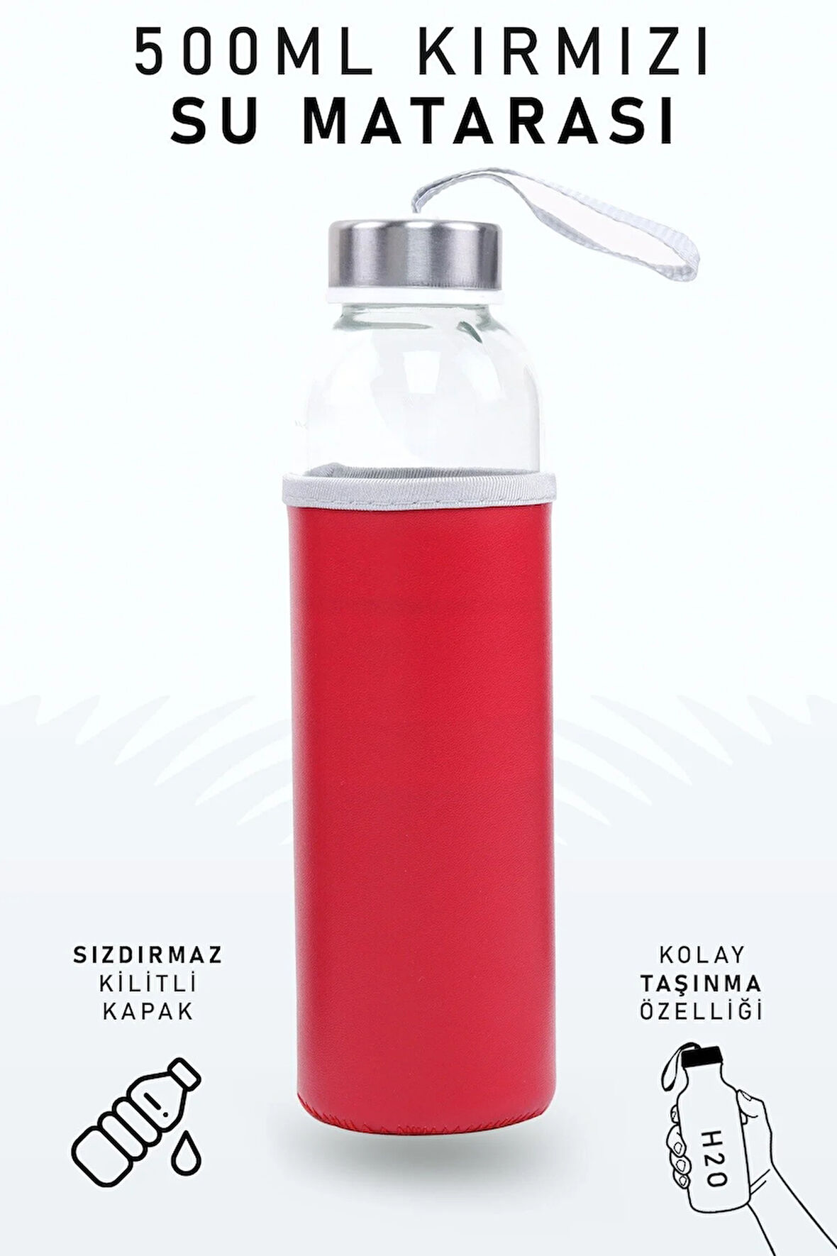 500ml Deri Kılıflı Kırmızı Cam Matara