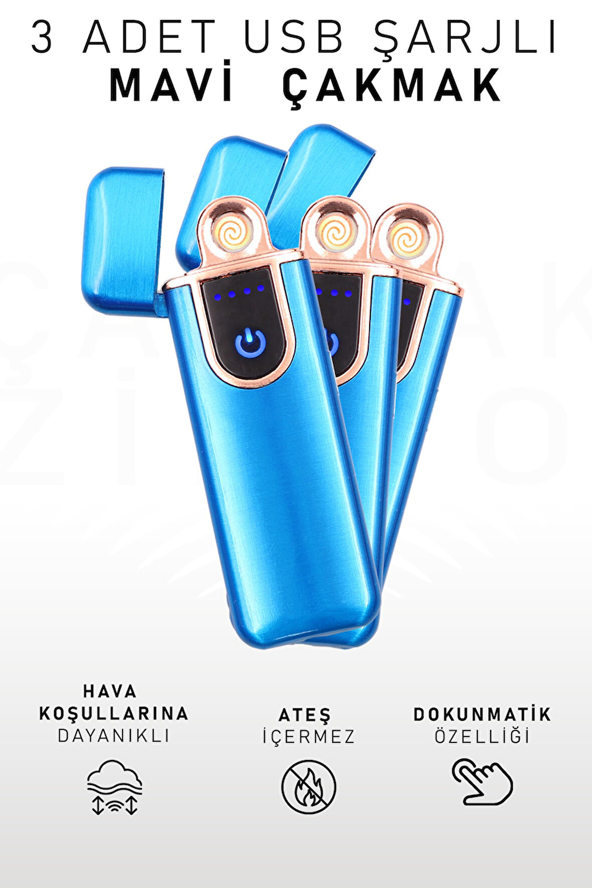 3 Adet Çift Taraflı Elektrikli Usb Şarjlı Mavi Çakmak