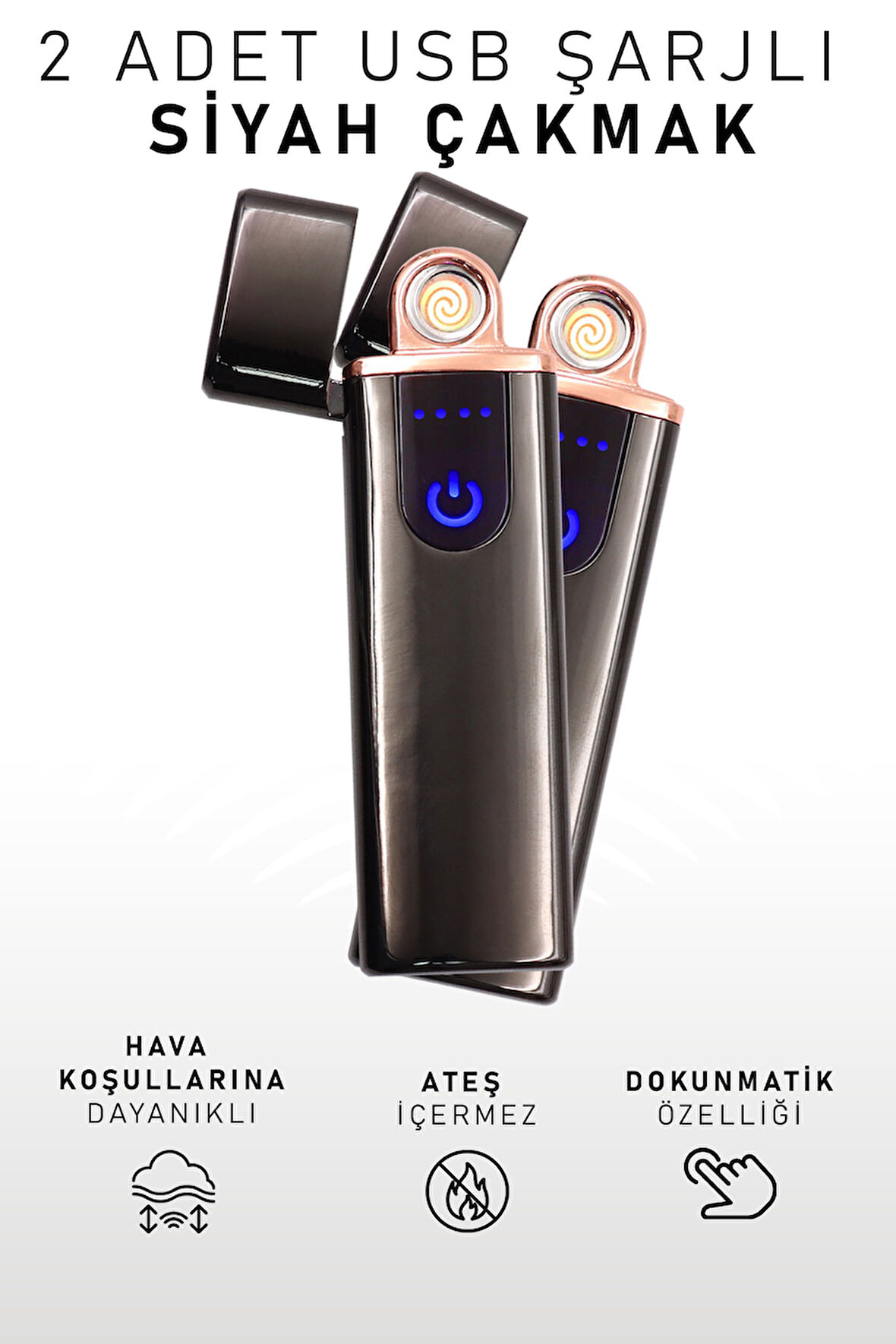 2 Adet Çift Taraflı Elektrikli Usb Şarjlı Siyah Çakmak