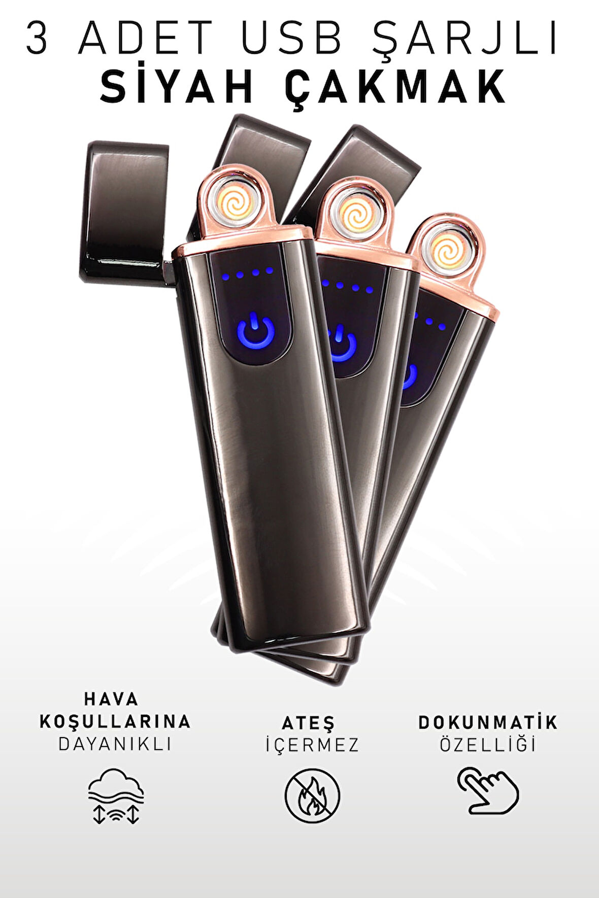 3 Adet Çift Taraflı Elektrikli Usb Şarjlı Siyah Çakmak