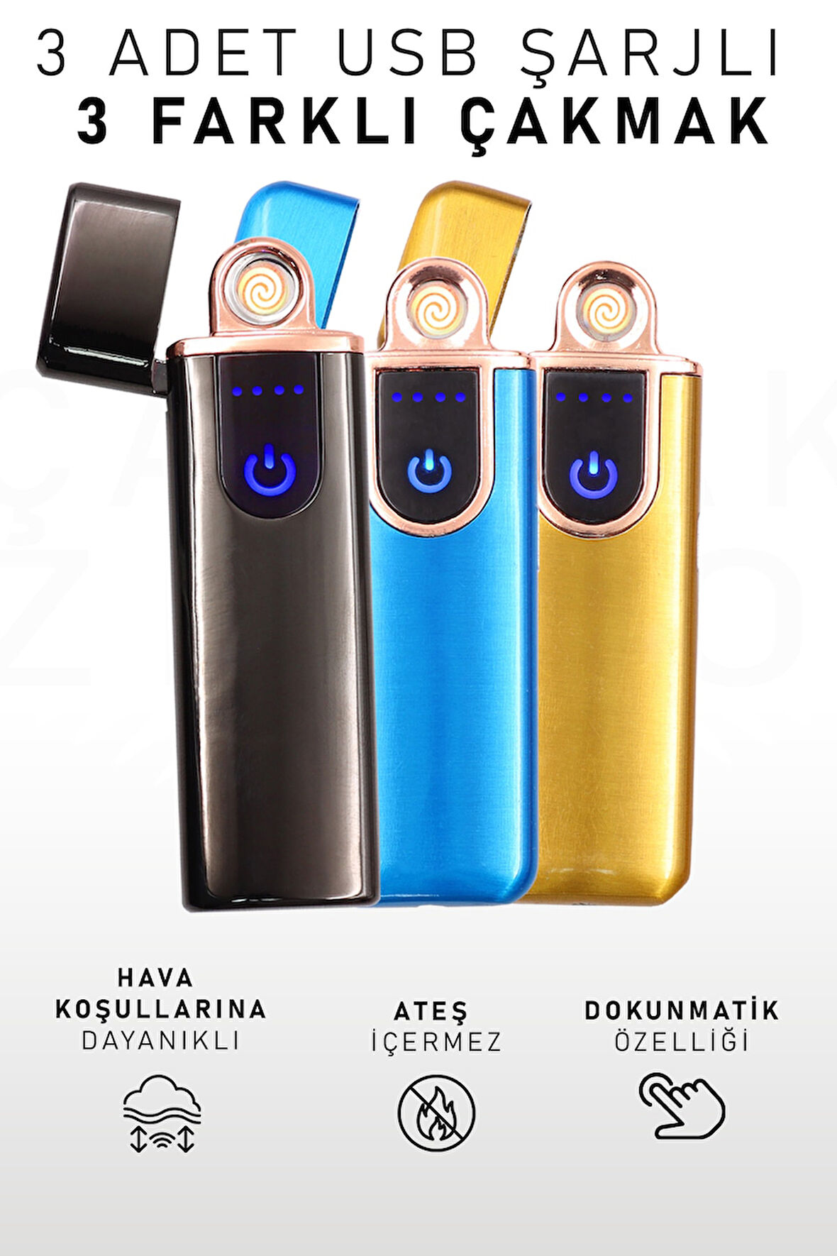 3 Adet Çift Taraflı Elektrikli Usb Şarjlı Renkli Çakmaklar