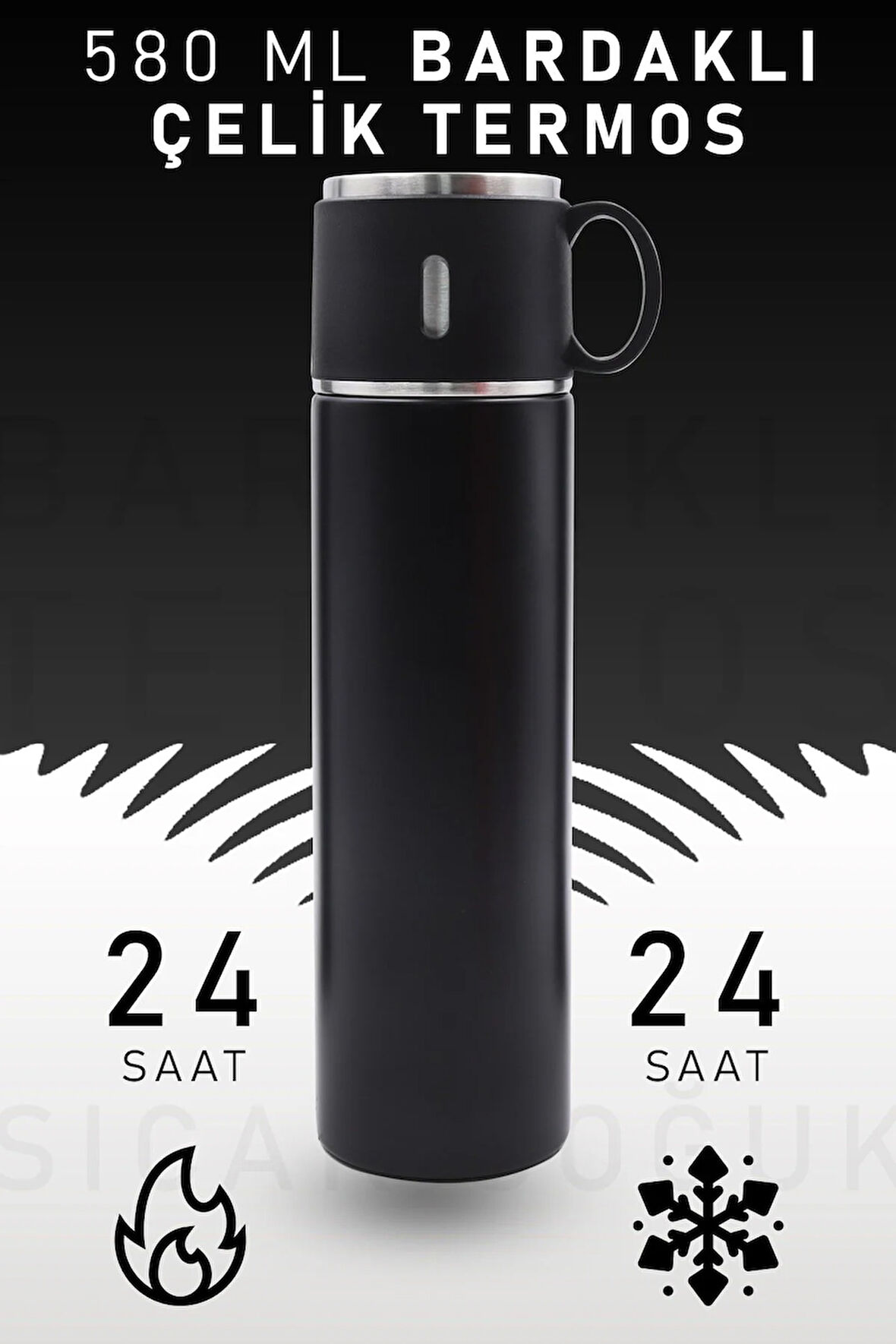 580 Ml Siyah Bardaklı Çelik Termos