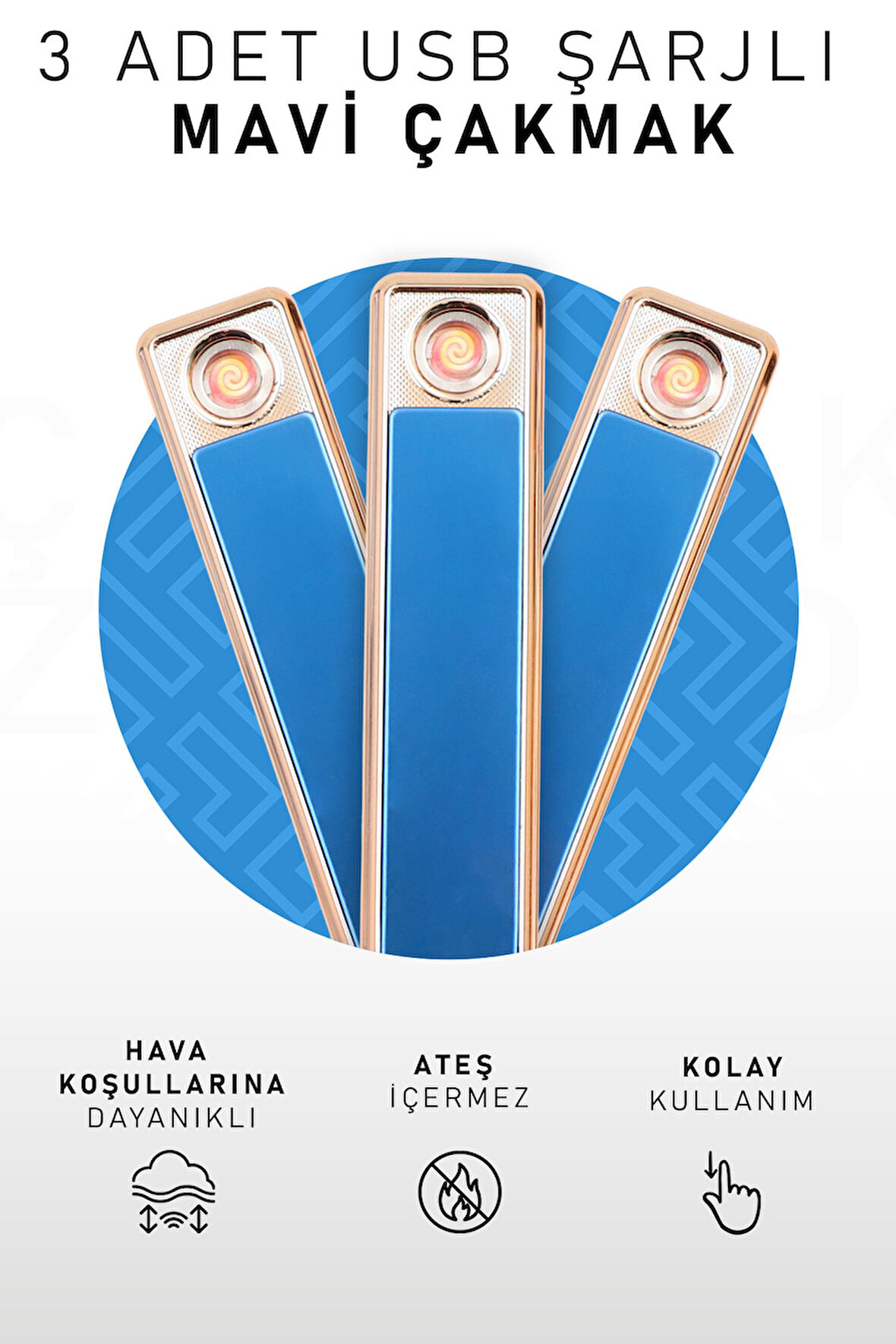 3 Adet Kolay Şarj Edilebilen Mavi Sürgülü Elektrikli Usb Çakmak