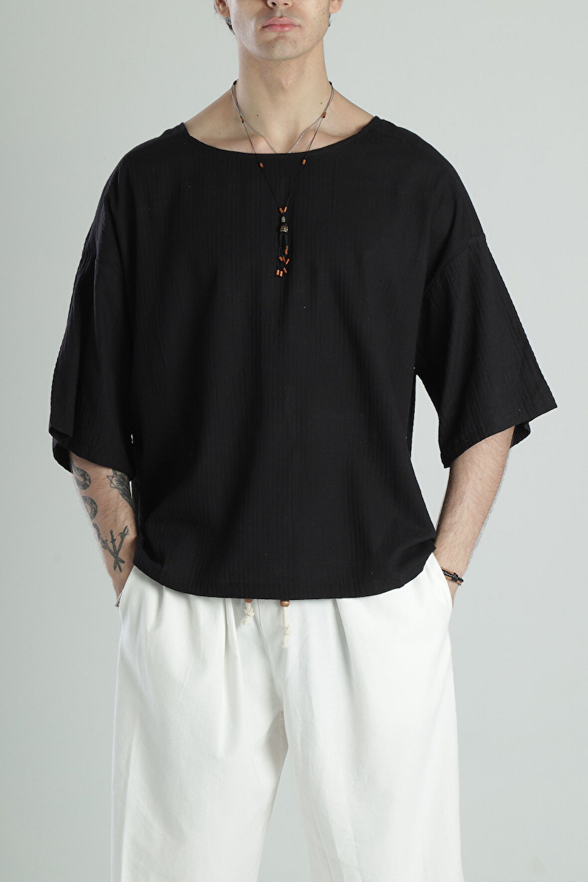 Müslin Kumaş Fakir Kol Siyah T-Shirt