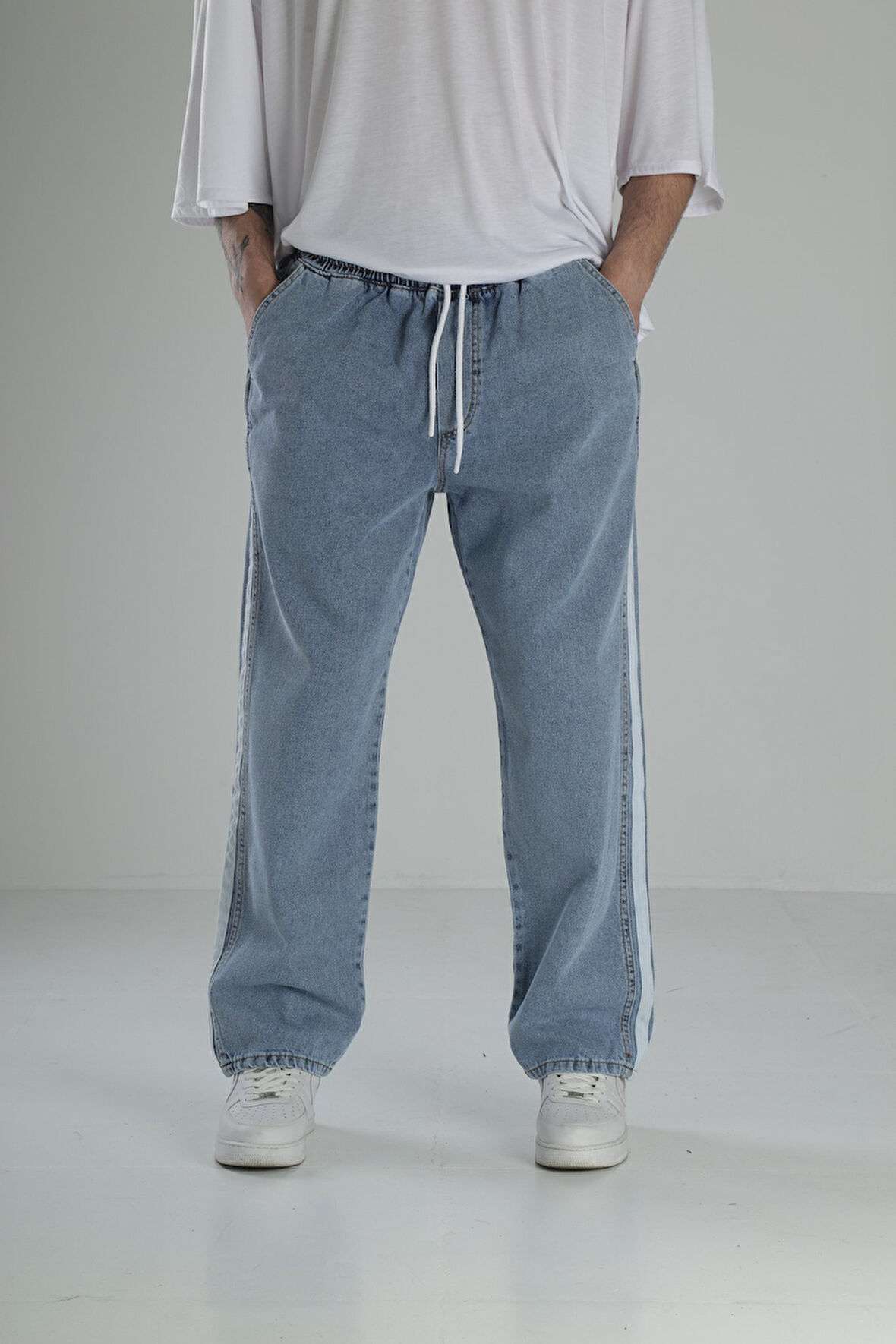 Yanı Şeritli Mavi Baggy Pantolon