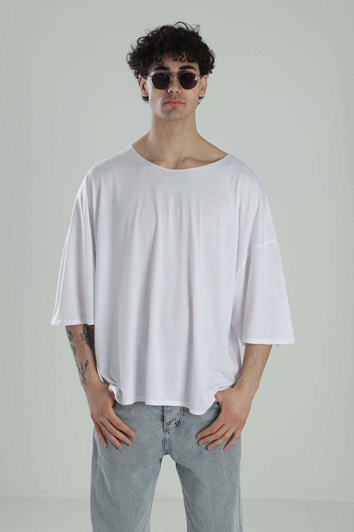 Fakir Kol Beyaz Oversize Viscon T-Shirt