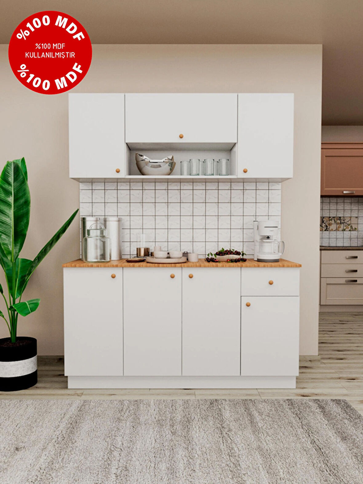  AGT 160 cm %100 MDF Ahşap Tezgahlı Beyaz Kapaklı Hazır Mutfak Dolabı