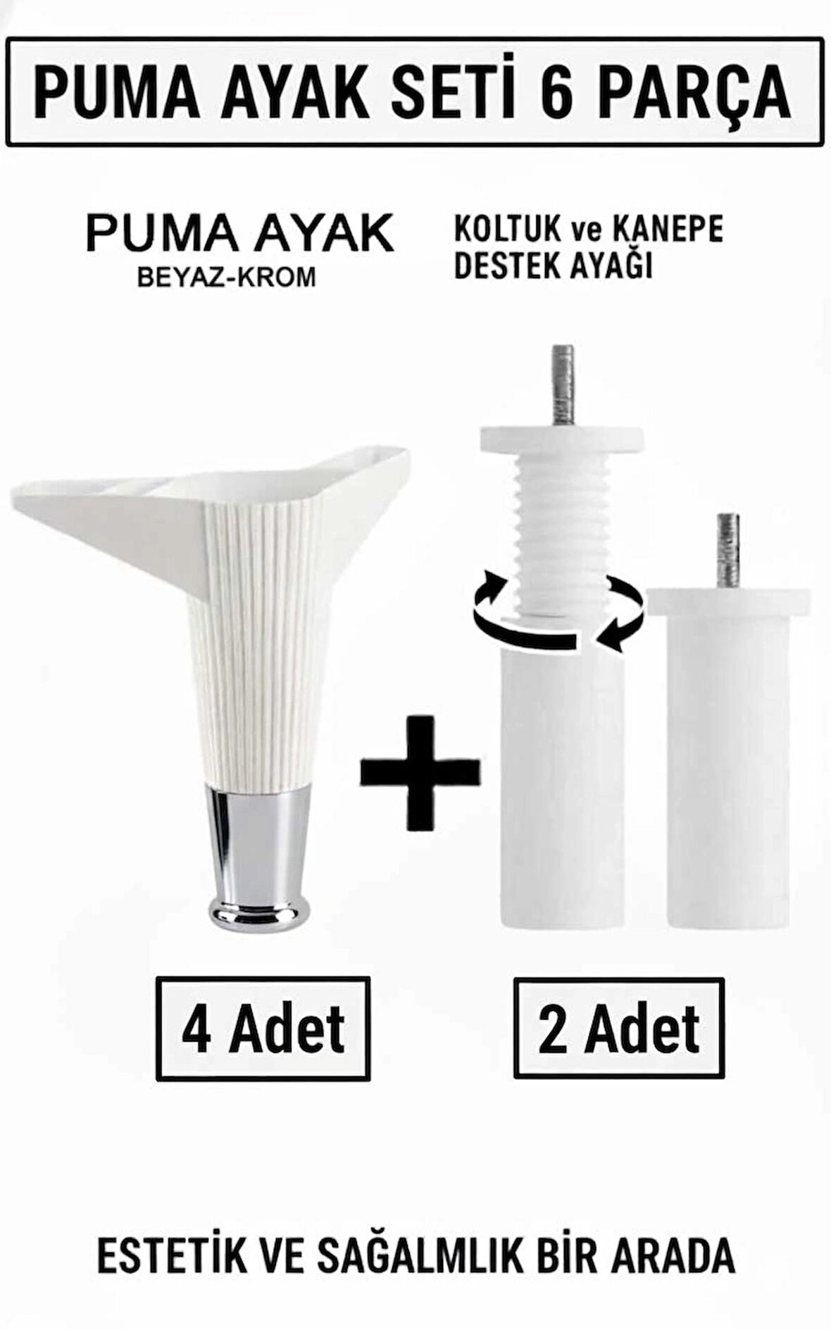 İmt Aksesuar Puma 15 cm Beyaz-Krom 6'lı Set Mobilya Kanepe Tv Ünitesi Dolap Konsol ve Destek Ayağı