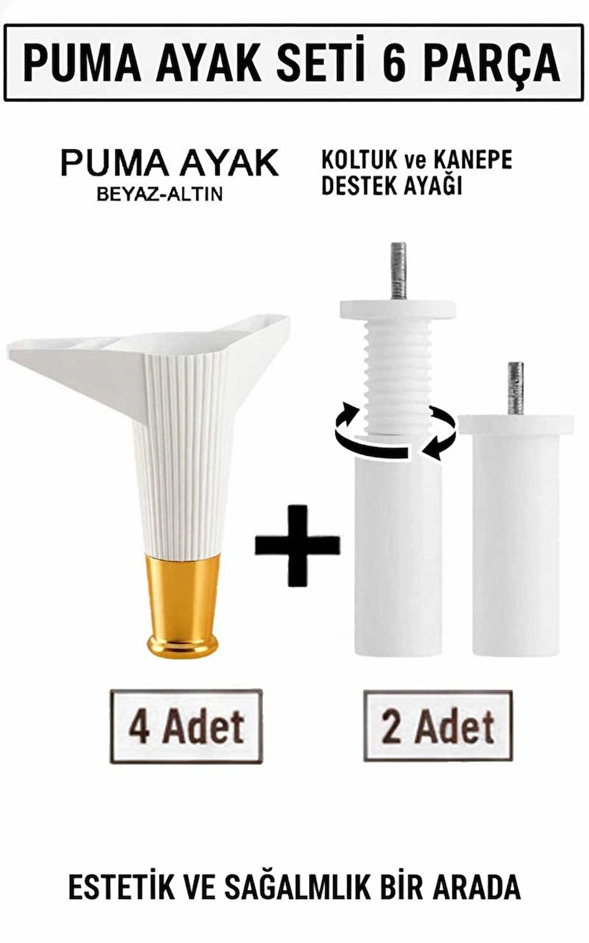 Puma 15 Cm Beyaz-Altın 6'lı Set Mobilya Kanepe Tv ünitesi Dolap Konsol ve Destek Ayağı