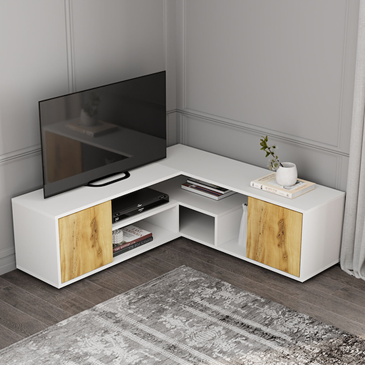 TV Sehpası Köşe Eva Beyaz Kilim 210 cm