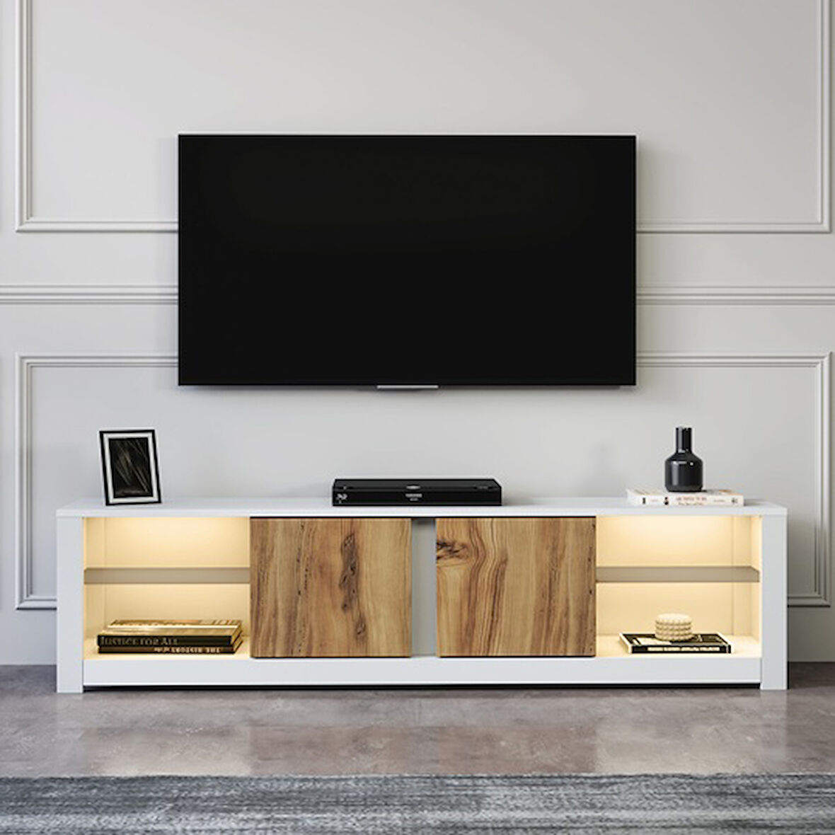 TV Sehpası Arzu Cam Raflı Beyaz Kilim LED'li 180 cm